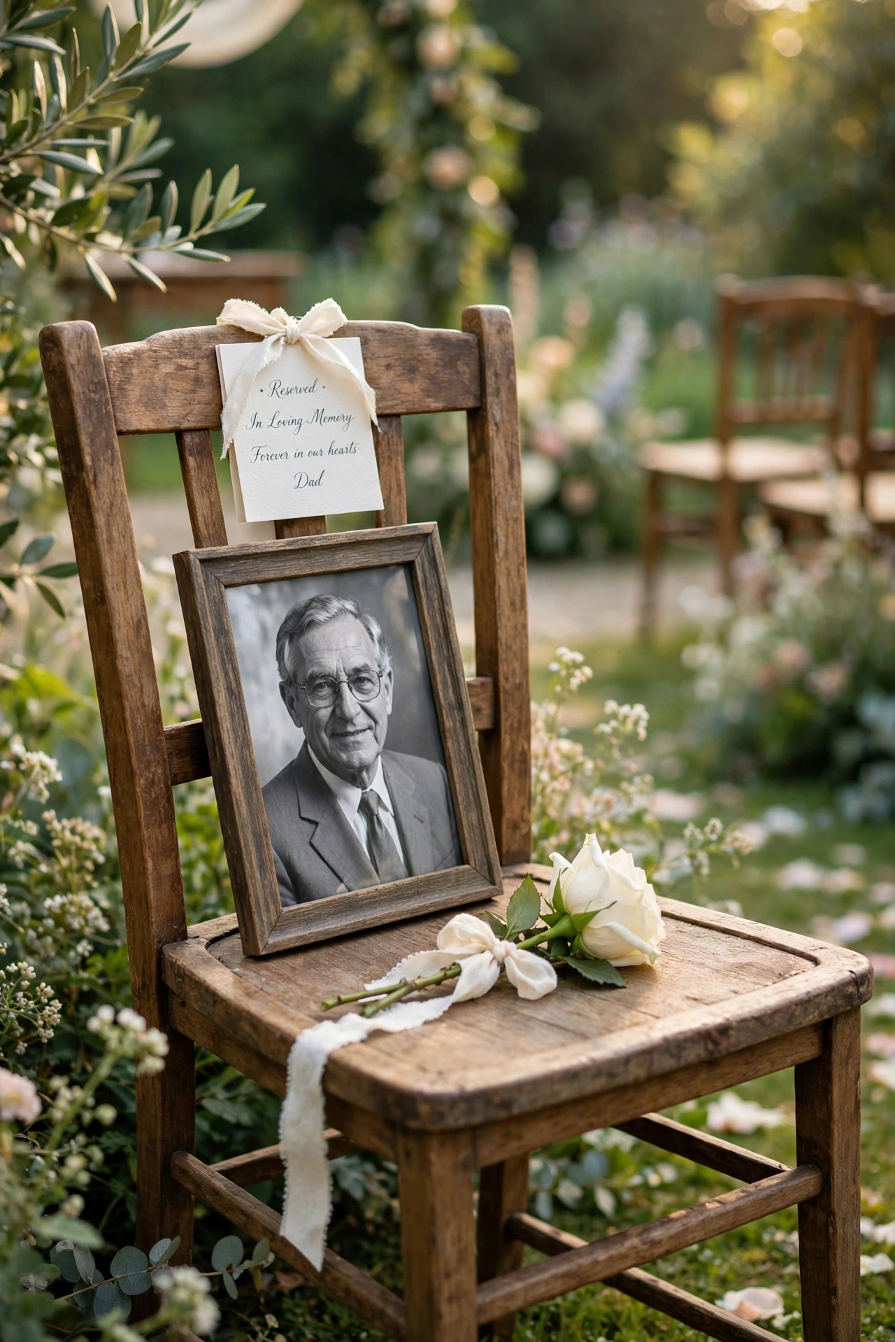 Reserved ceremony chair with framed photo and white rose