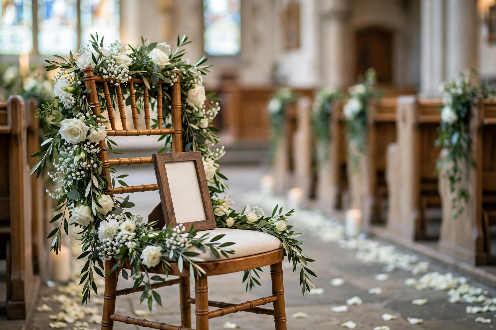 Reserved ceremony seat with white flowers and sign honoring a loved one at wedding