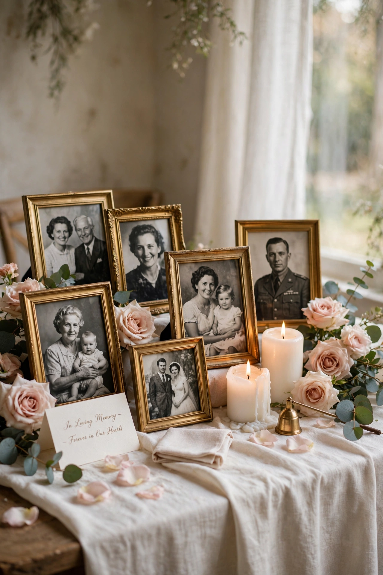 Elegant wedding memory table with framed family photos and glowing candles