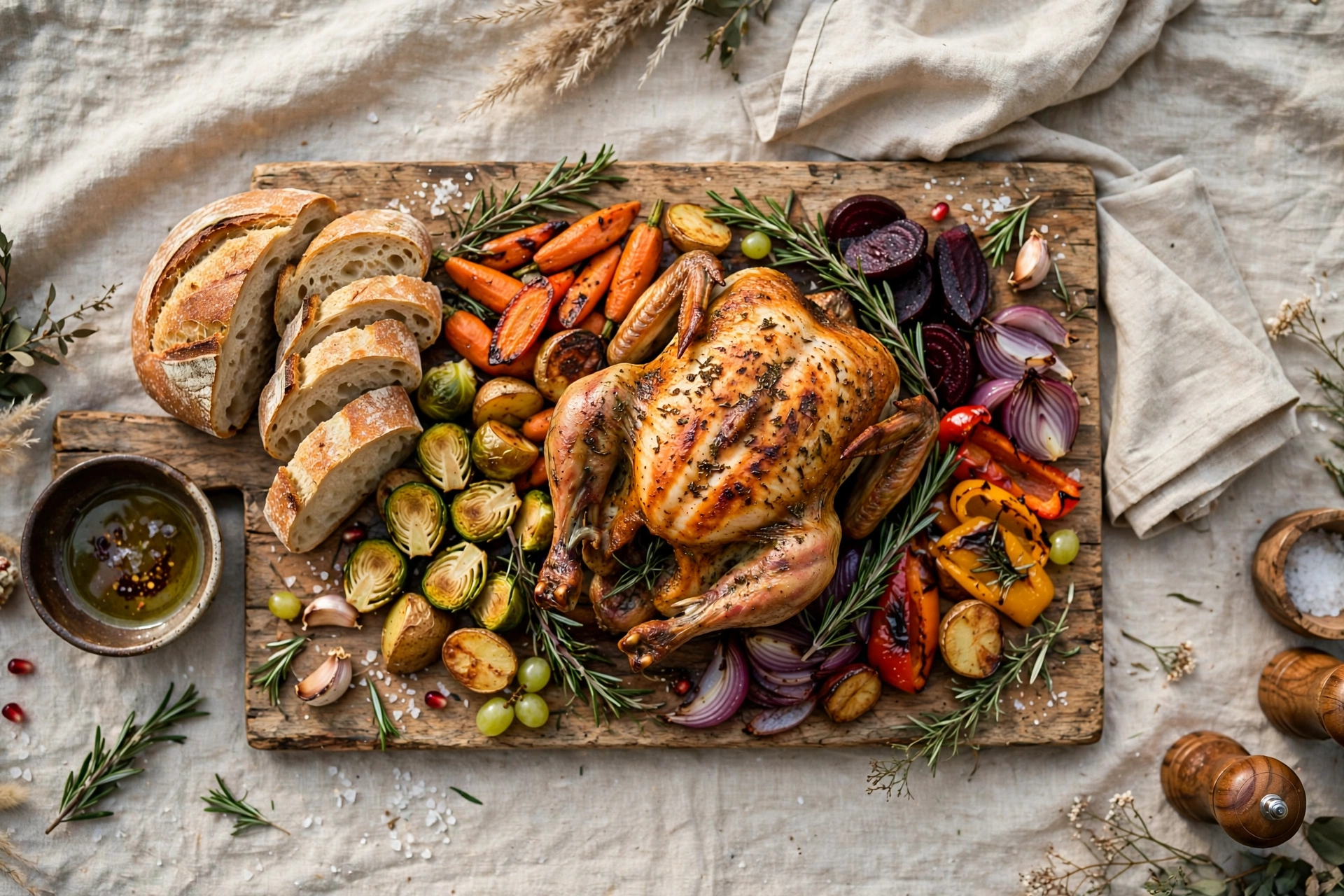 Wedding table with abundant family-style harvest platters of roasted vegetables, meats and breads