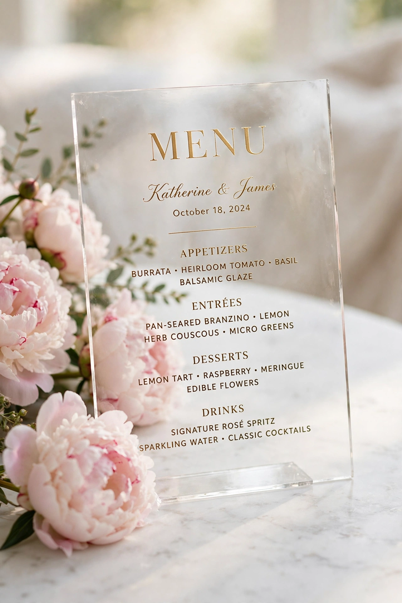 Clear acrylic wedding menu card with gold lettering on marble table