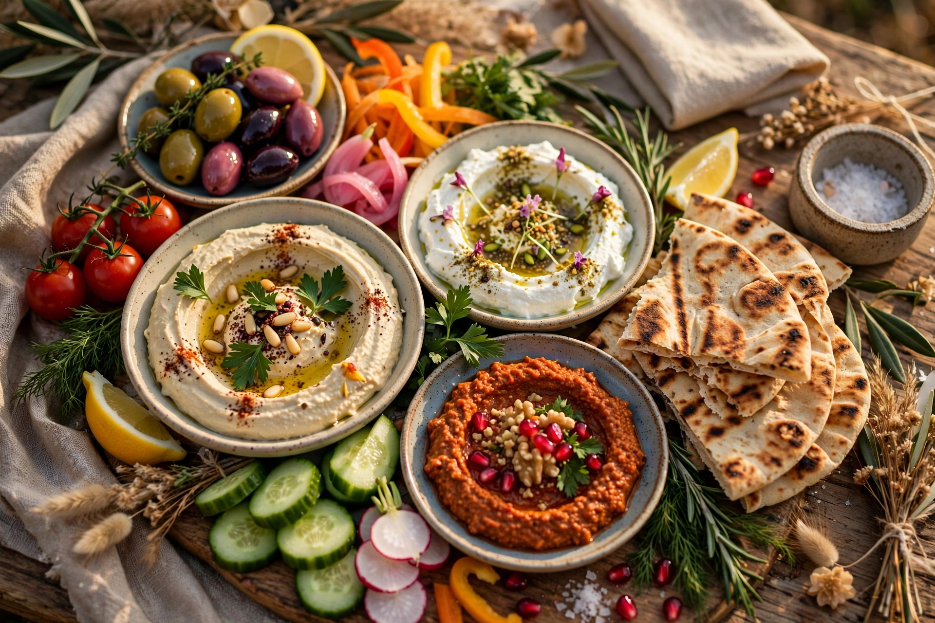 Wedding mezze sharing boards with hummus, olives, flatbreads and colorful dips on a rustic table