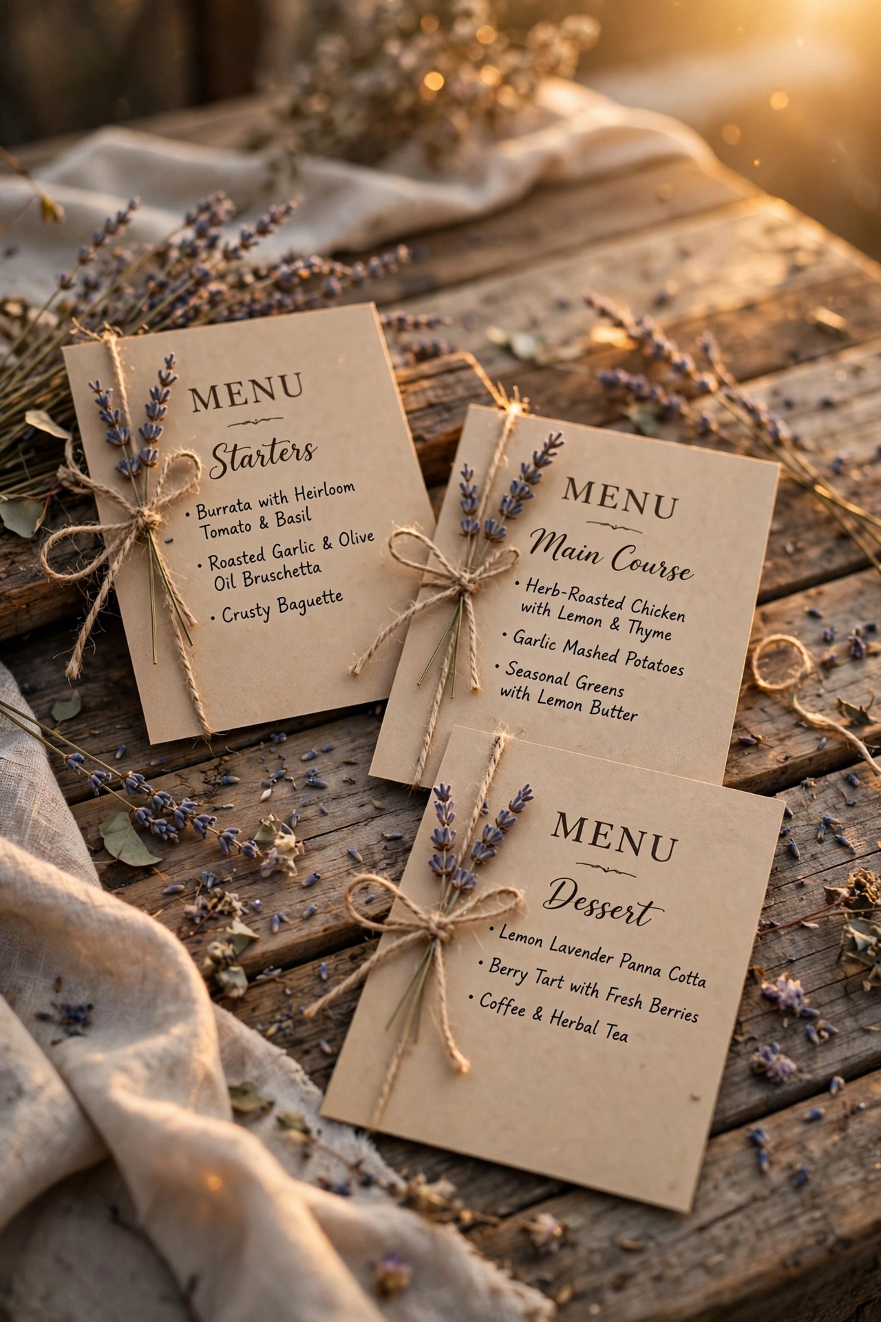 Rustic kraft paper wedding menus tied with twine on wooden table