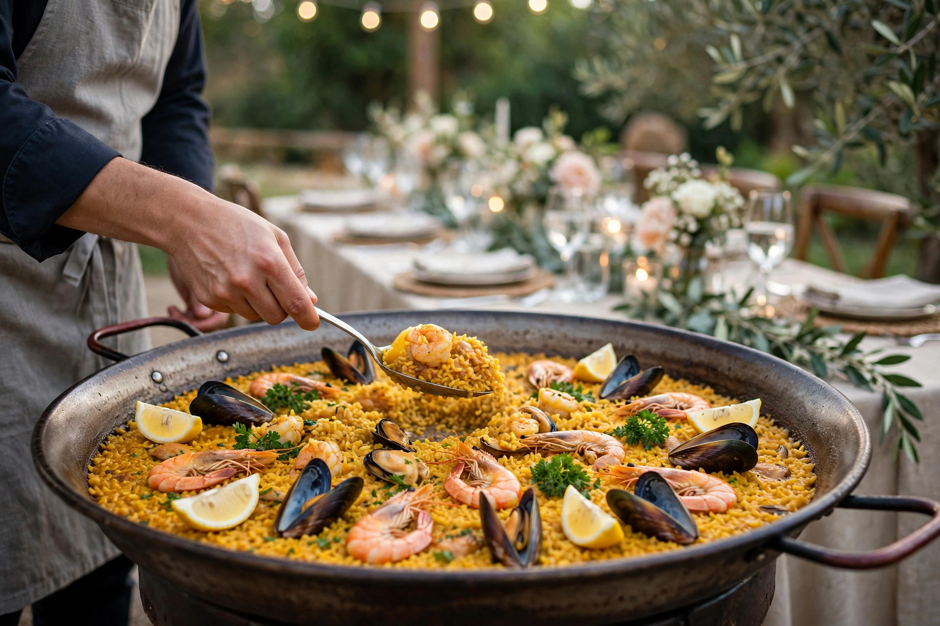 Giant paella pan served family-style at a wedding with saffron rice, seafood and lemon wedges