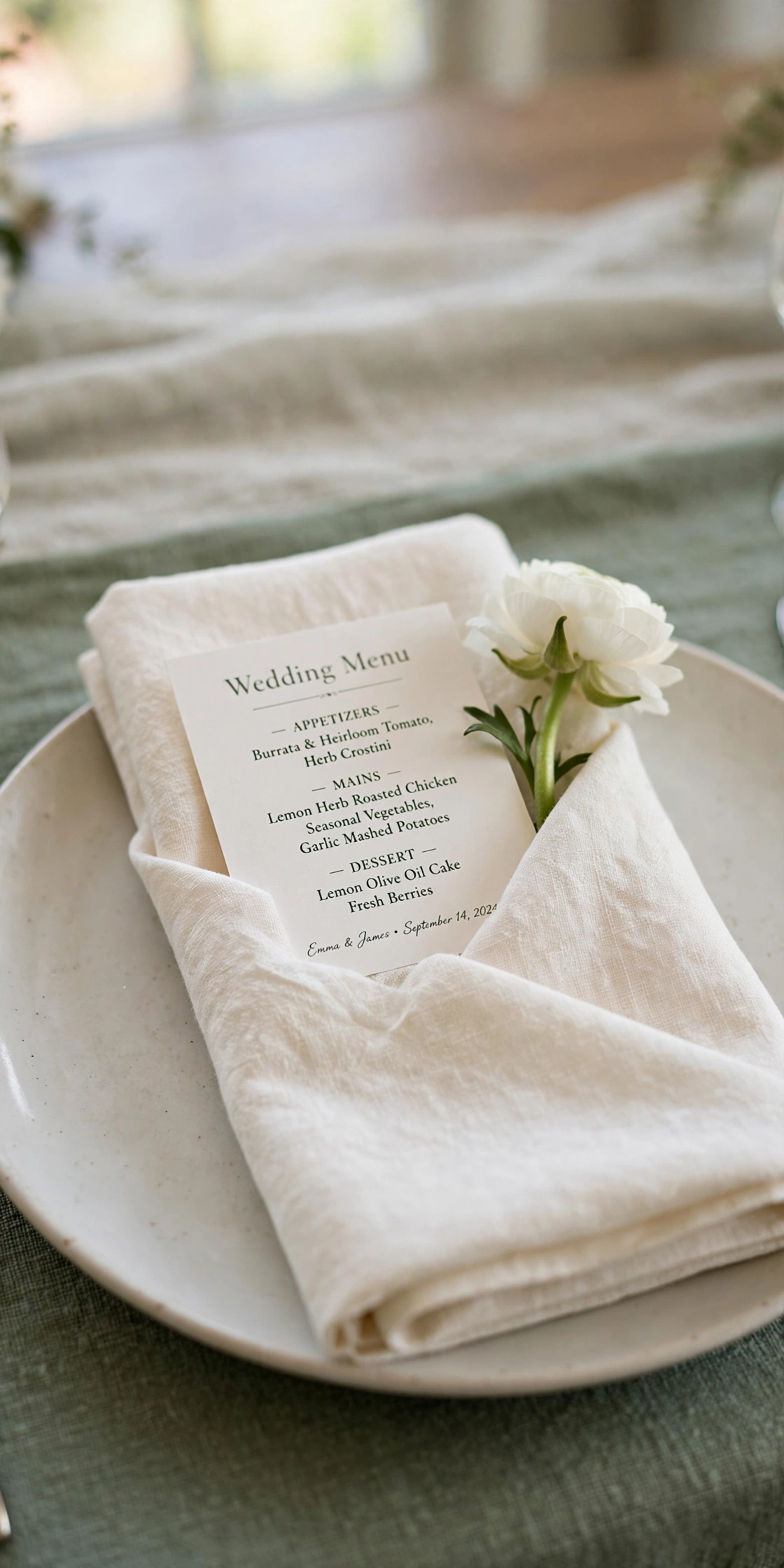 Wedding menu card tucked in linen napkin with white flower
