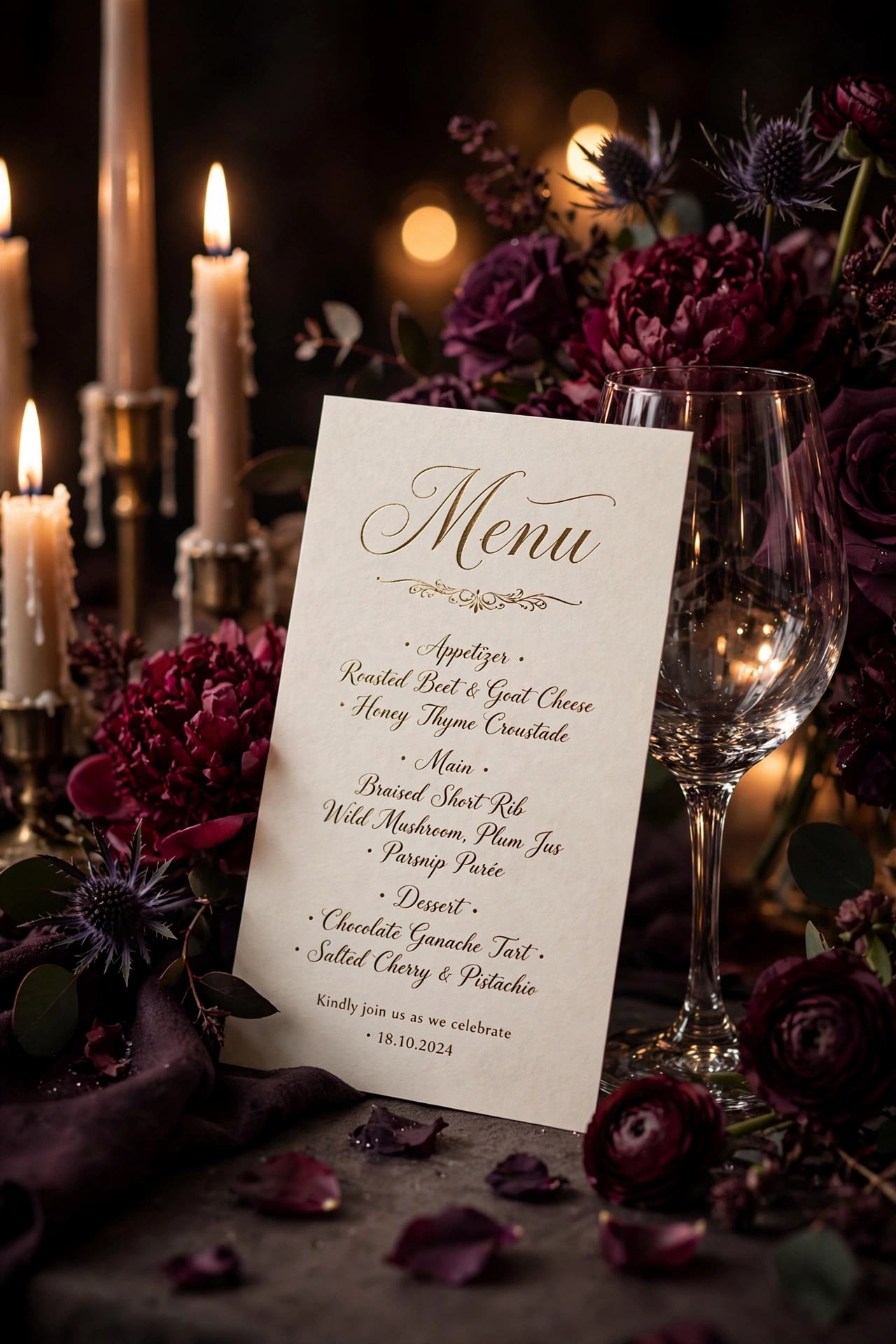 Elegant wedding table with gold-foil menu card leaning on wine glass