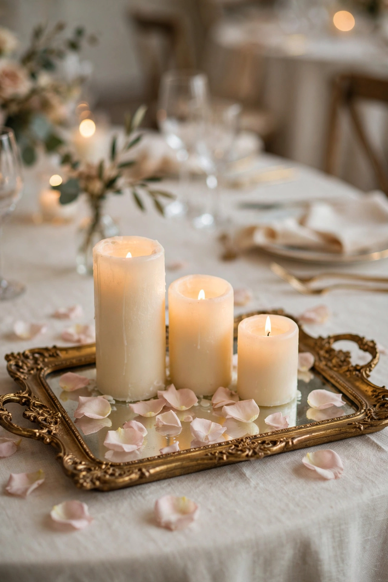 Vintage gold-framed mirror tray holding pillar candles and blush petals on a wedding reception table