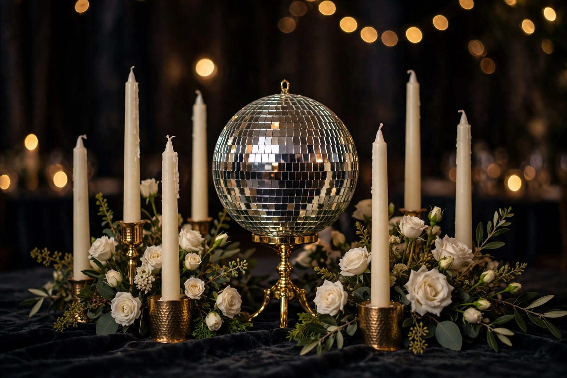 Mirrored disco ball centerpiece on a gold stand with ivory taper candles and white roses in a dark reception hall