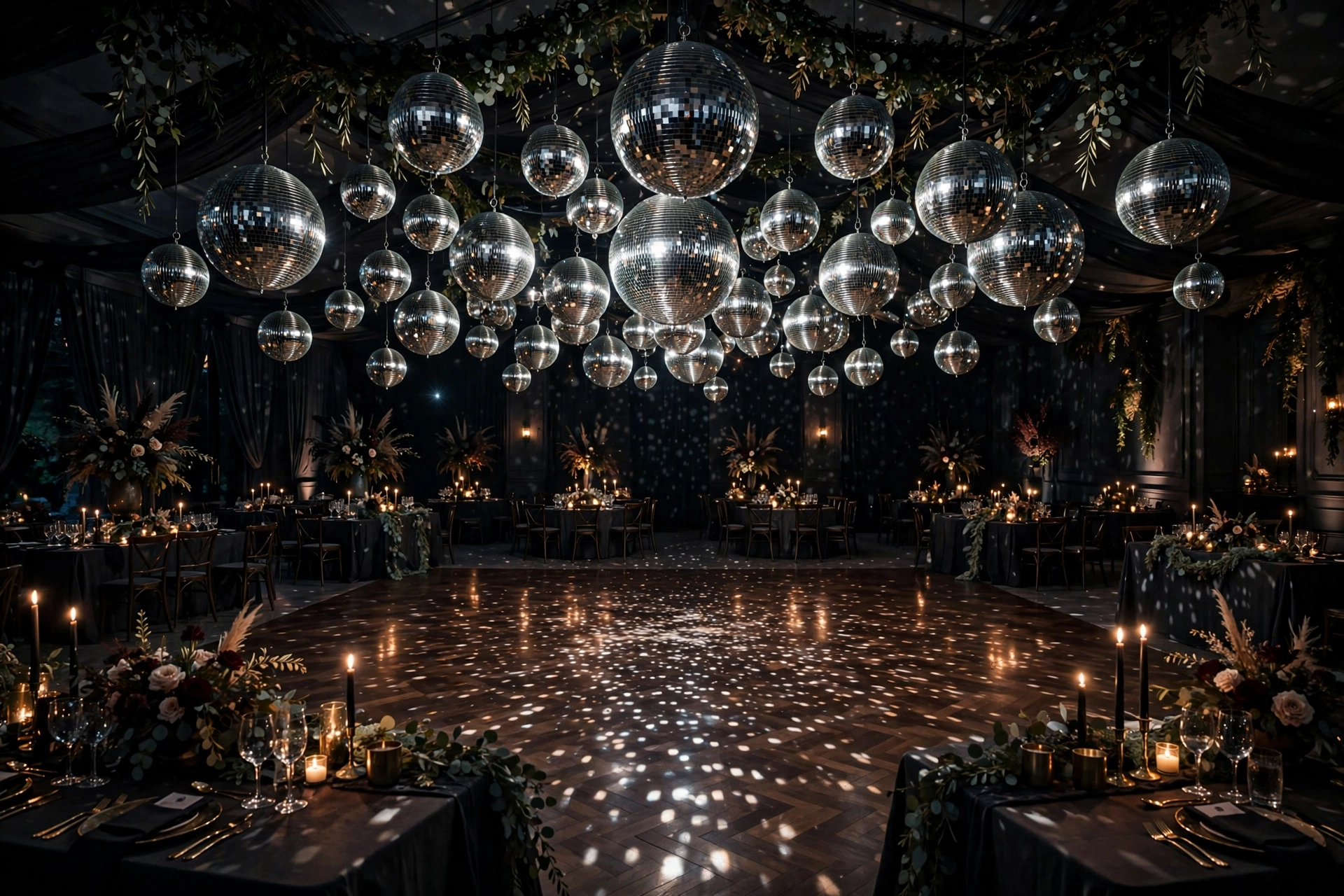 Moody wedding reception with mirror balls hanging over the dance floor, sparkling reflections at night