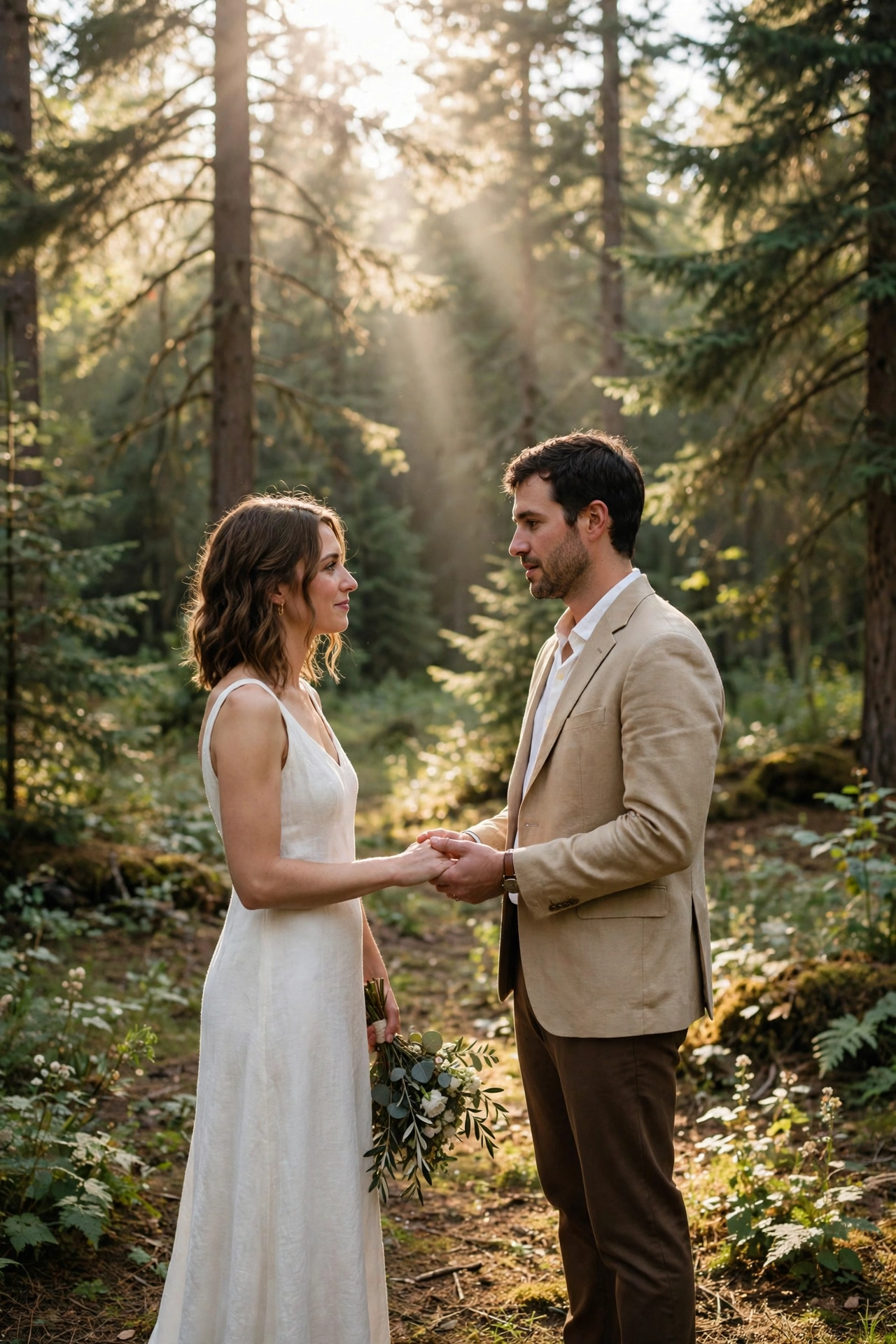 Couple exchanging vows in a sunlit forest clearing during an intimate elopement