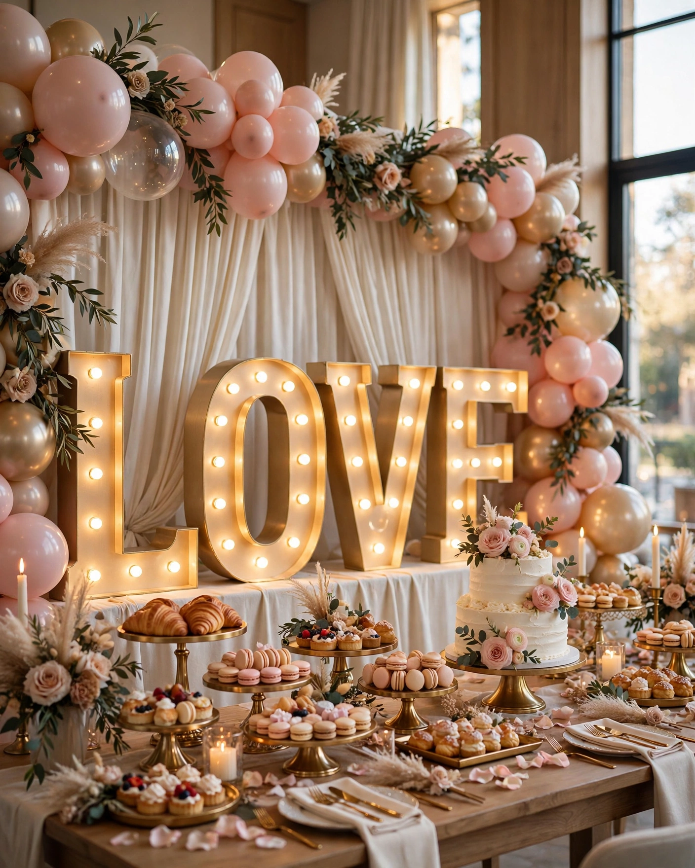Glowing LOVE marquee letters with a blush pink and champagne balloon garland at a wedding dessert table