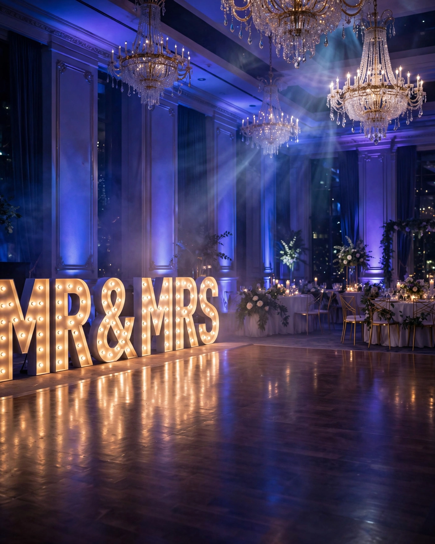 Glowing MR and MRS marquee letters beside a dance floor in a ballroom with blue uplighting