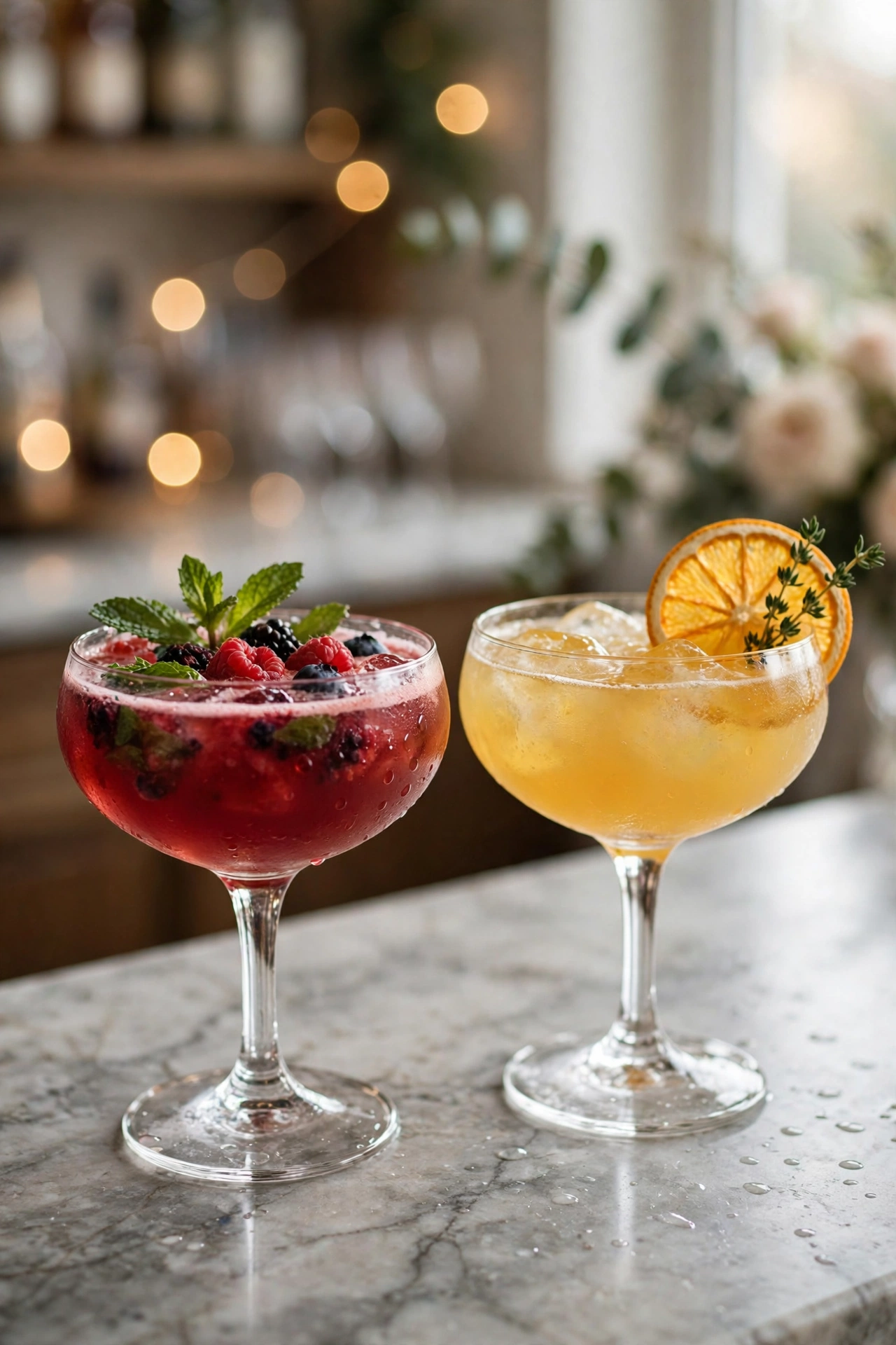 Close-up of signature wedding mocktails in fancy glassware with mint, berries, and citrus garnish