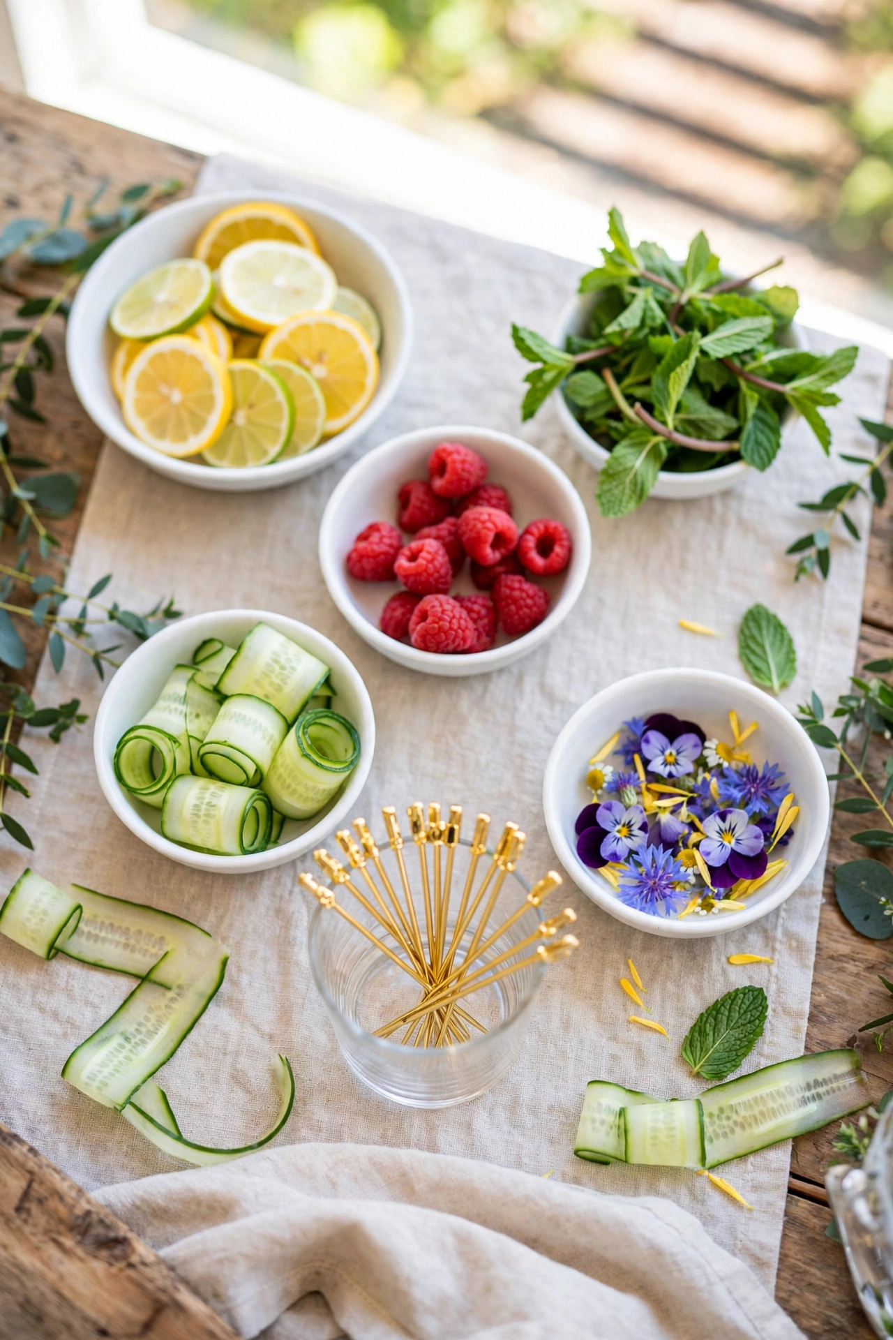 DIY garnish station with citrus wheels, fresh herbs, and cocktail picks at a wedding drink bar