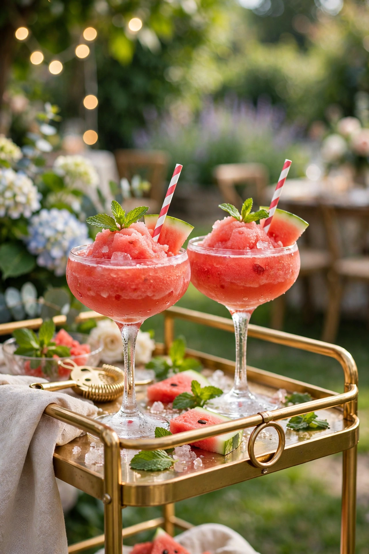 Frozen slushy mocktails in coupe glasses on a bar cart in bright summer daylight