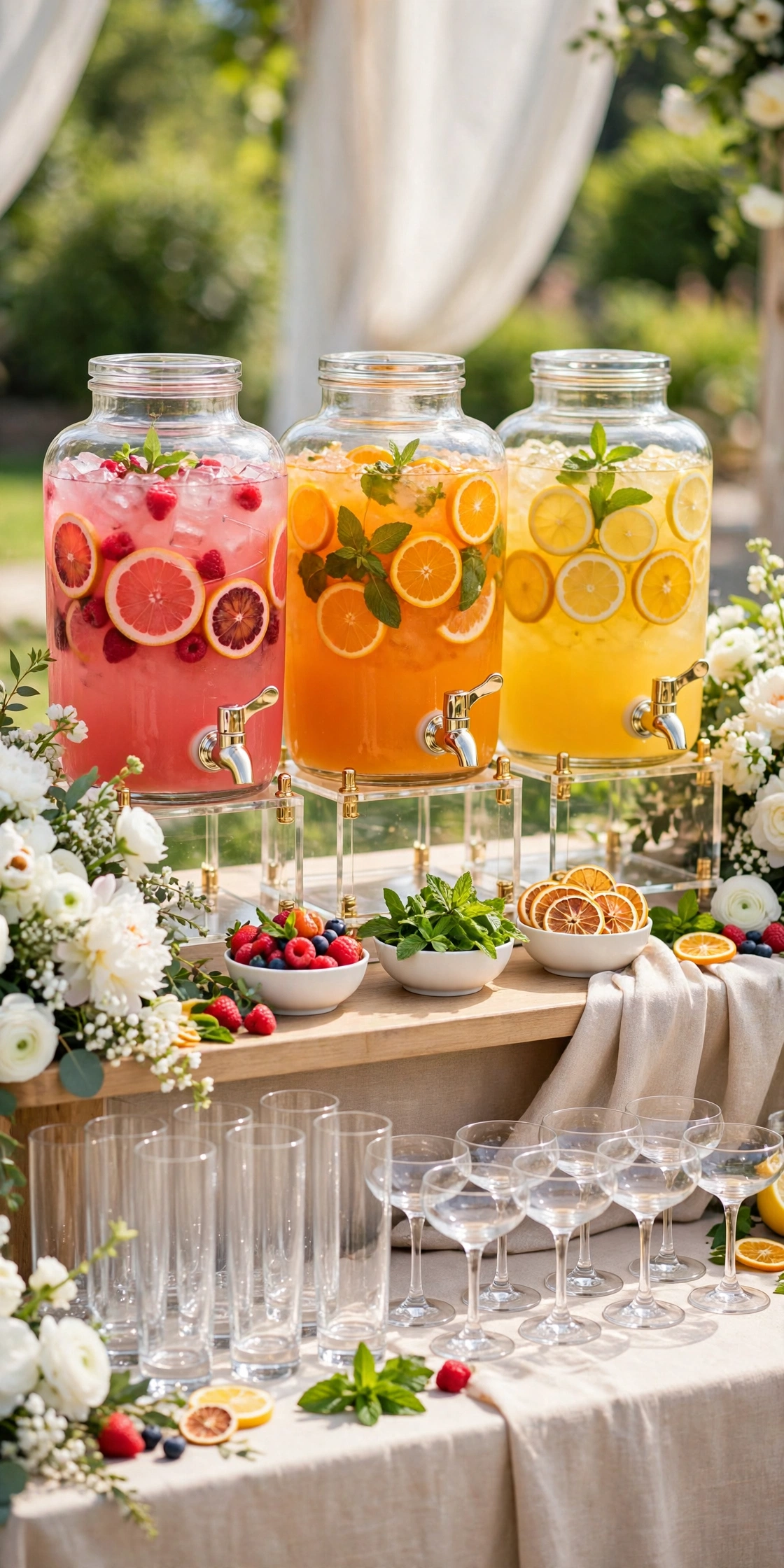 Bright wedding mocktail bar with glass dispensers of colorful citrus drinks, fresh garnishes, and elegant glassware