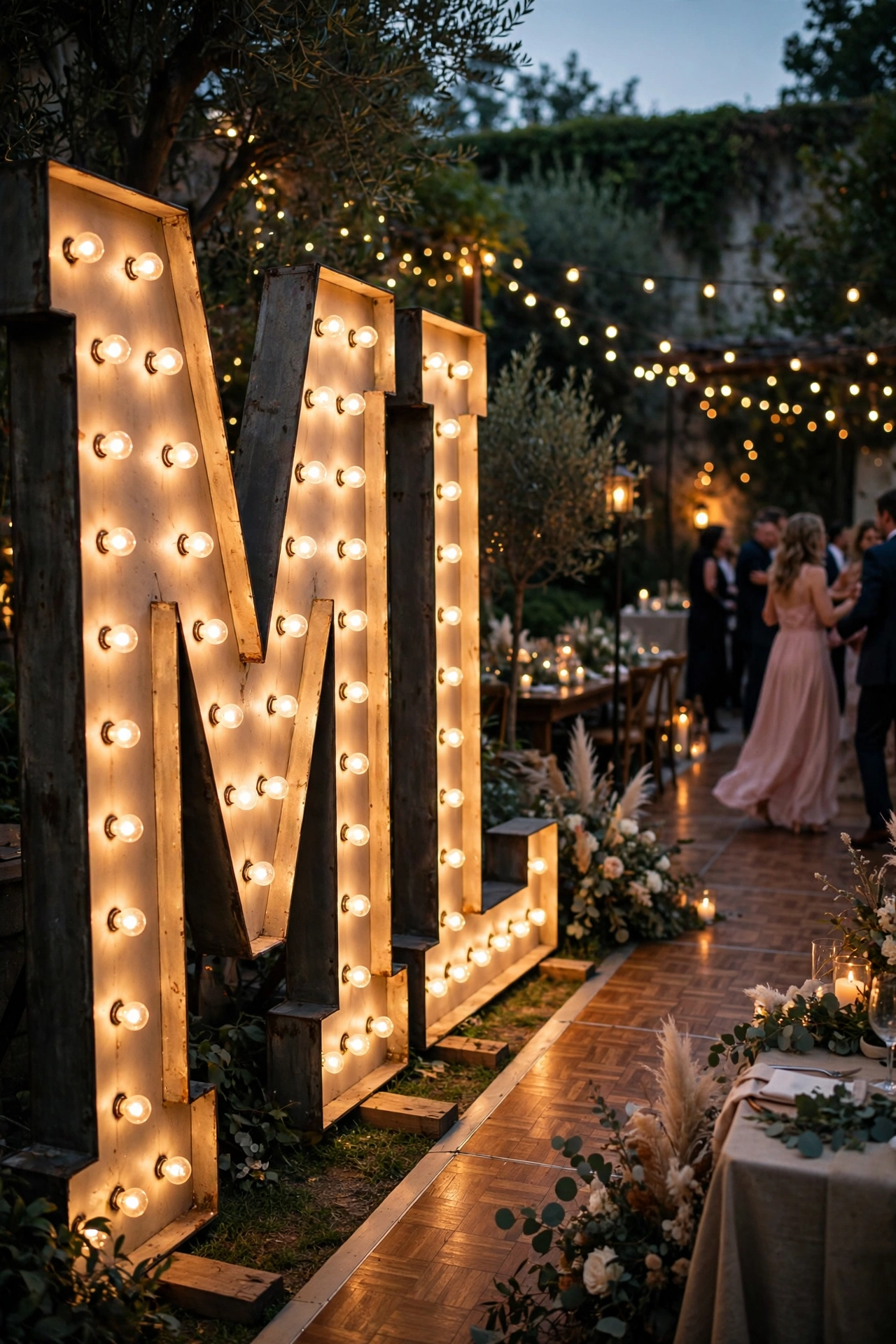 Light-up marquee letters spelling couple initials beside the dance floor at evening