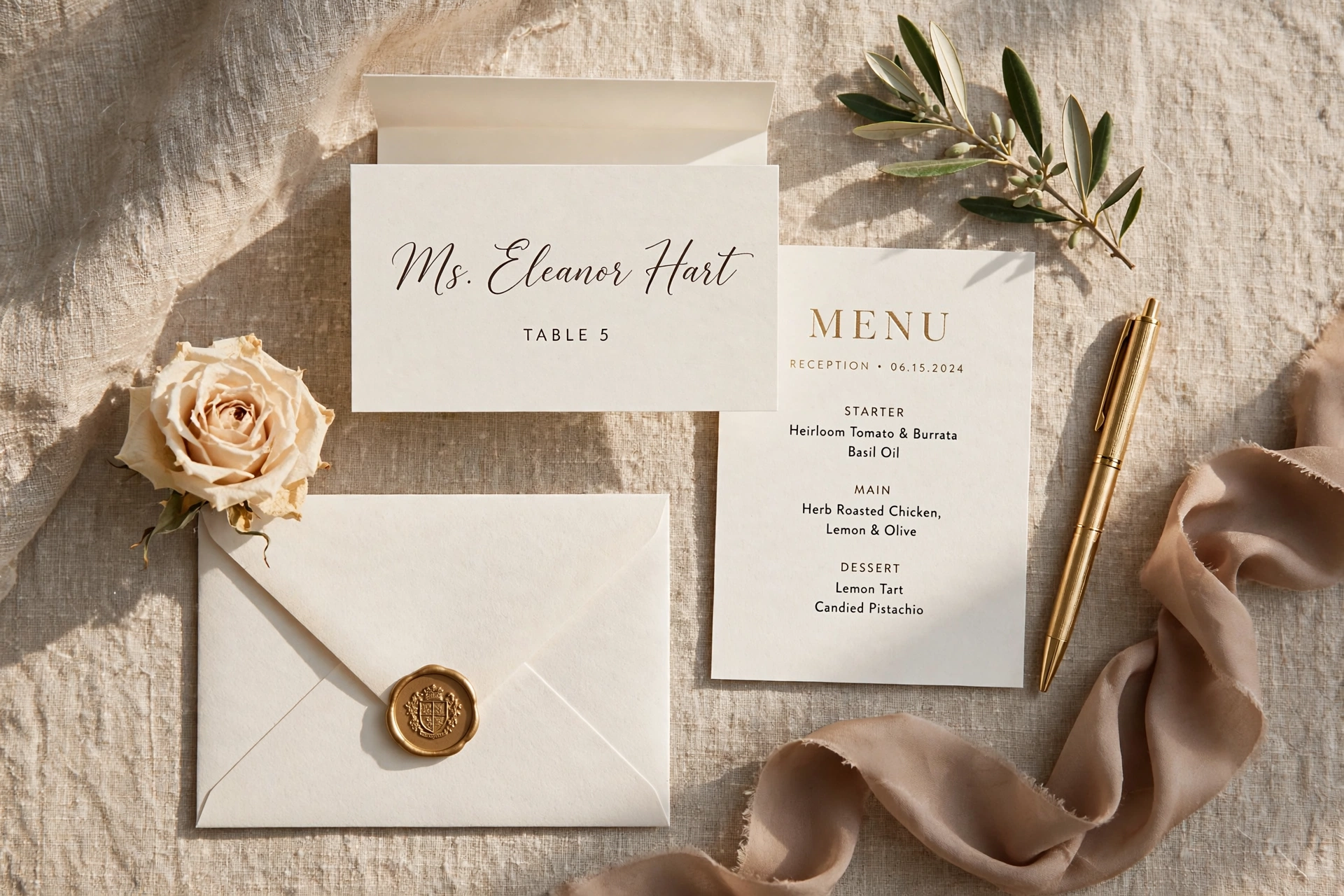 Modern wedding stationery flat-lay with place card, menu card, wax-seal envelope, mocha silk ribbon and gold pen on beige linen