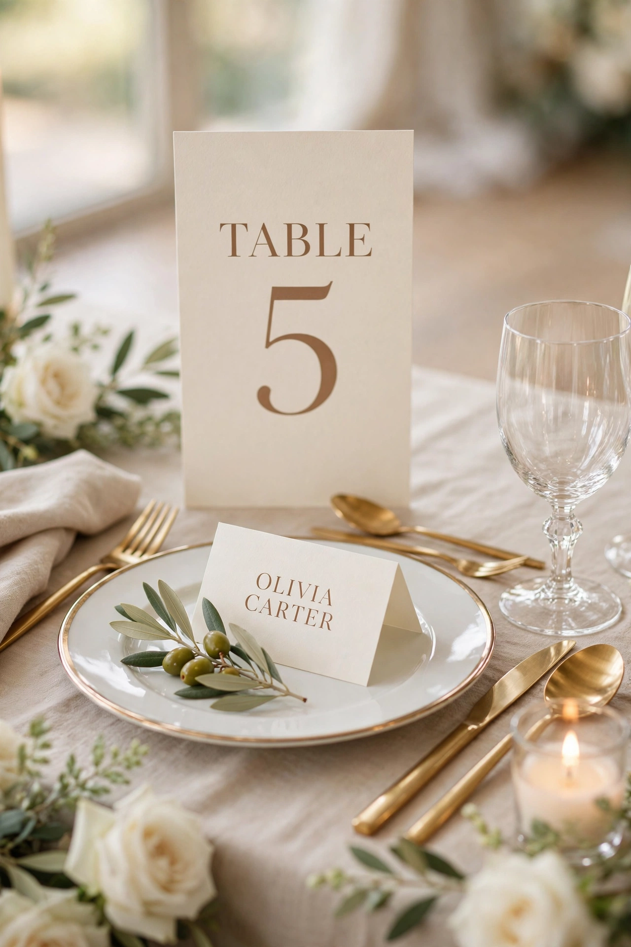 Tall TABLE 5 table number card and modern OLIVIA CARTER place card on a champagne-rimmed plate with olive sprigs, gold flatware and white roses