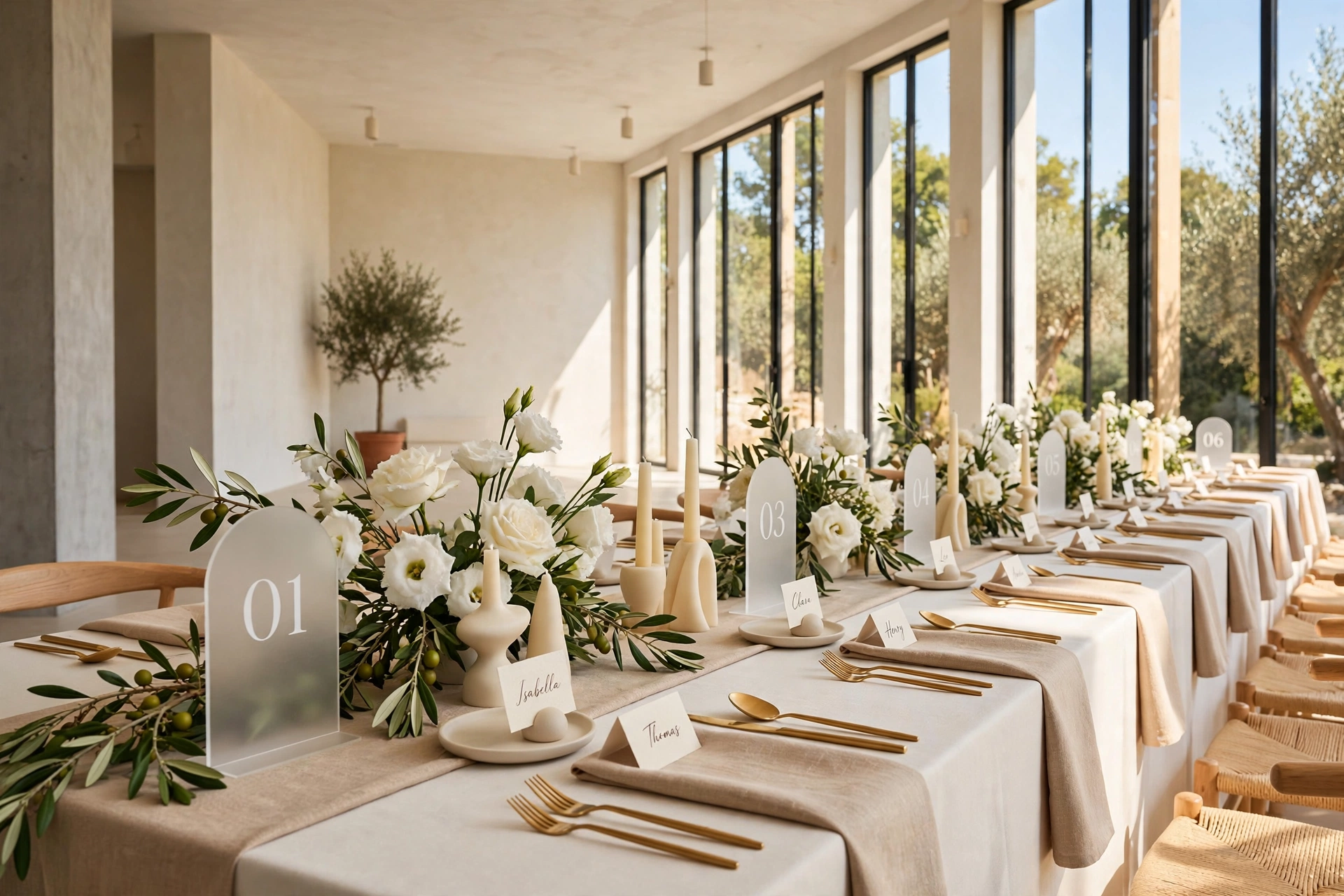 Modern minimalist wedding table with frosted acrylic arch table numbers, white roses, gold flatware and name place cards in warm daylight