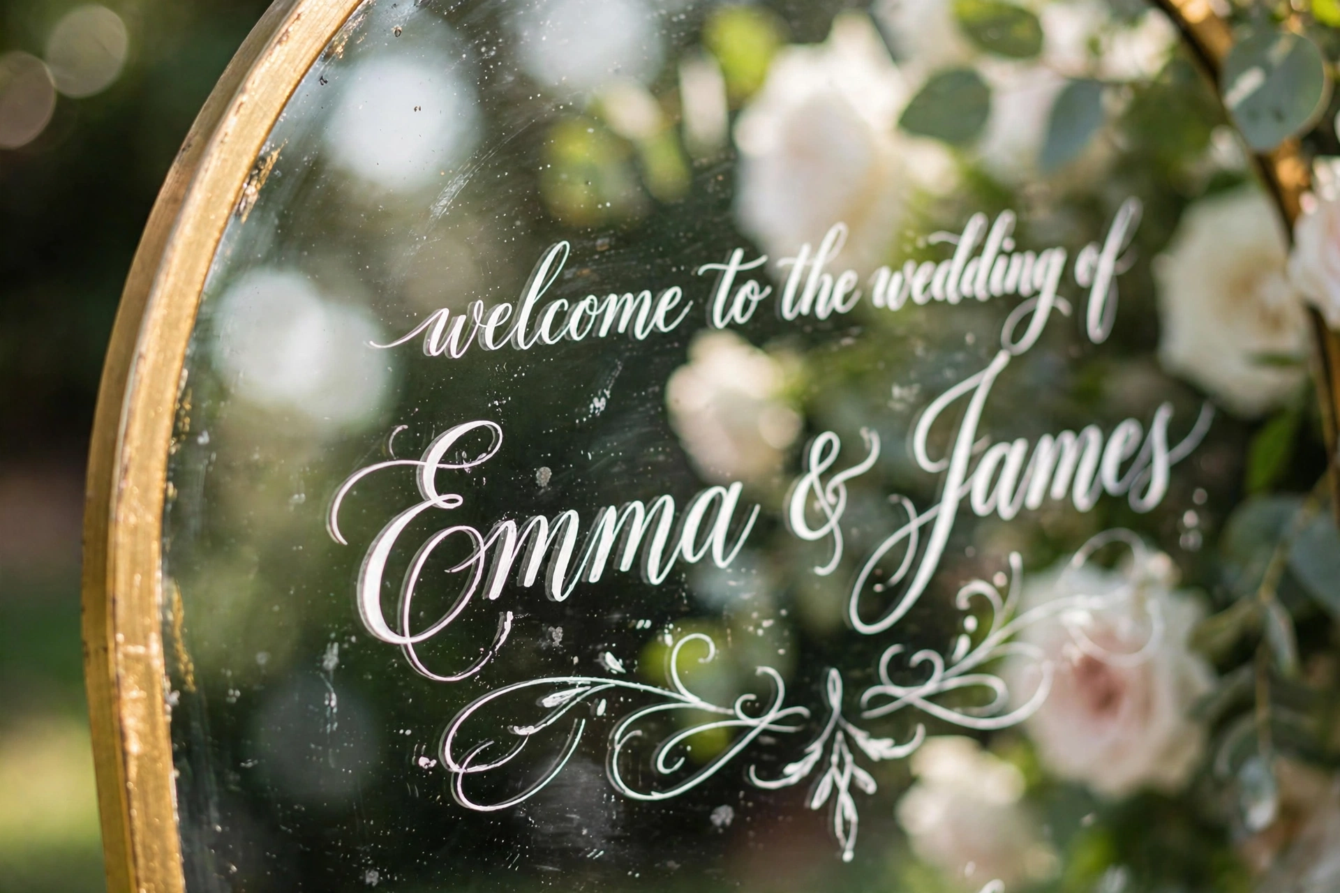 White calligraphy script lettering on an arched mirror wedding welcome sign