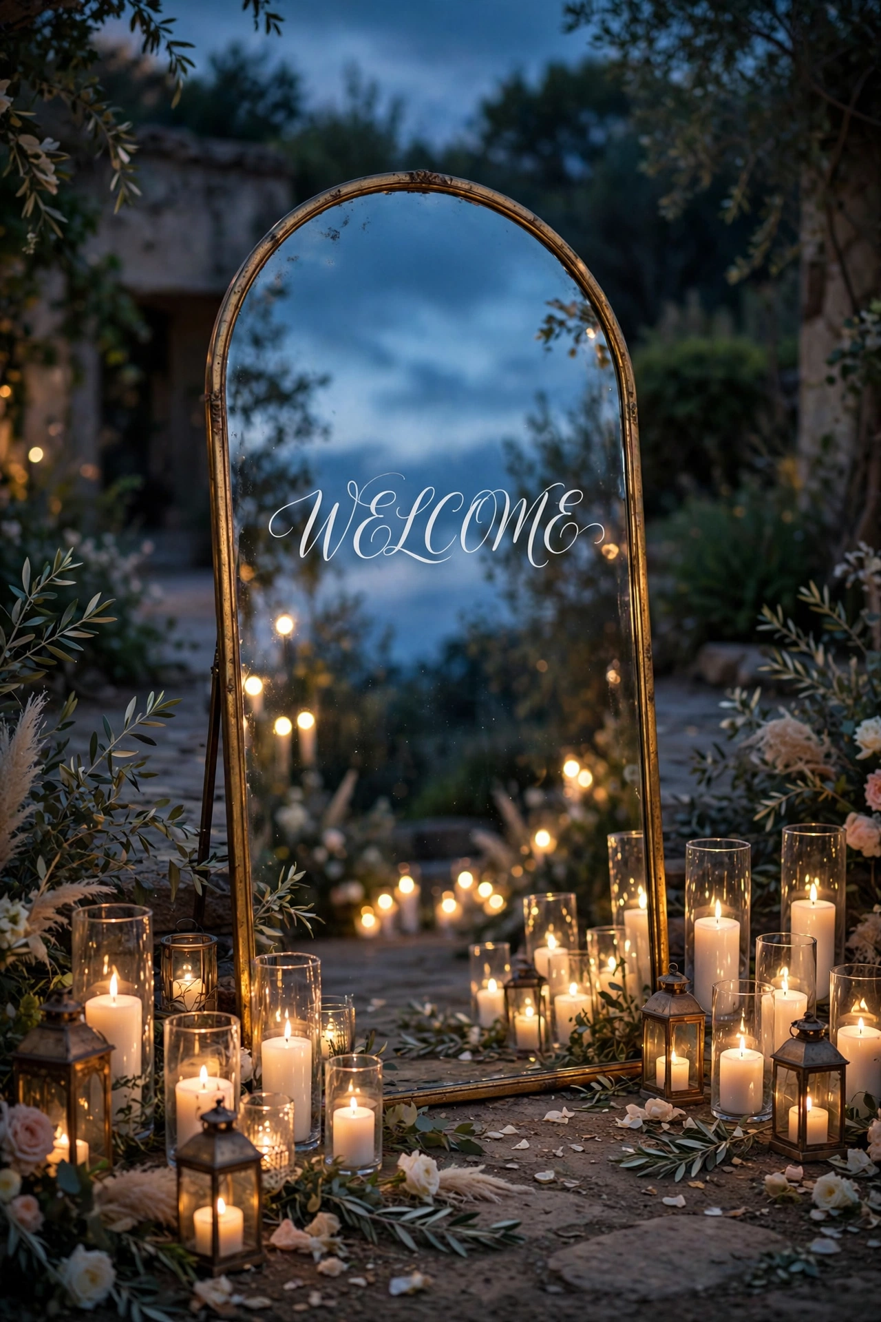 Arched mirror wedding welcome sign glowing among candles at a dusk wedding entrance