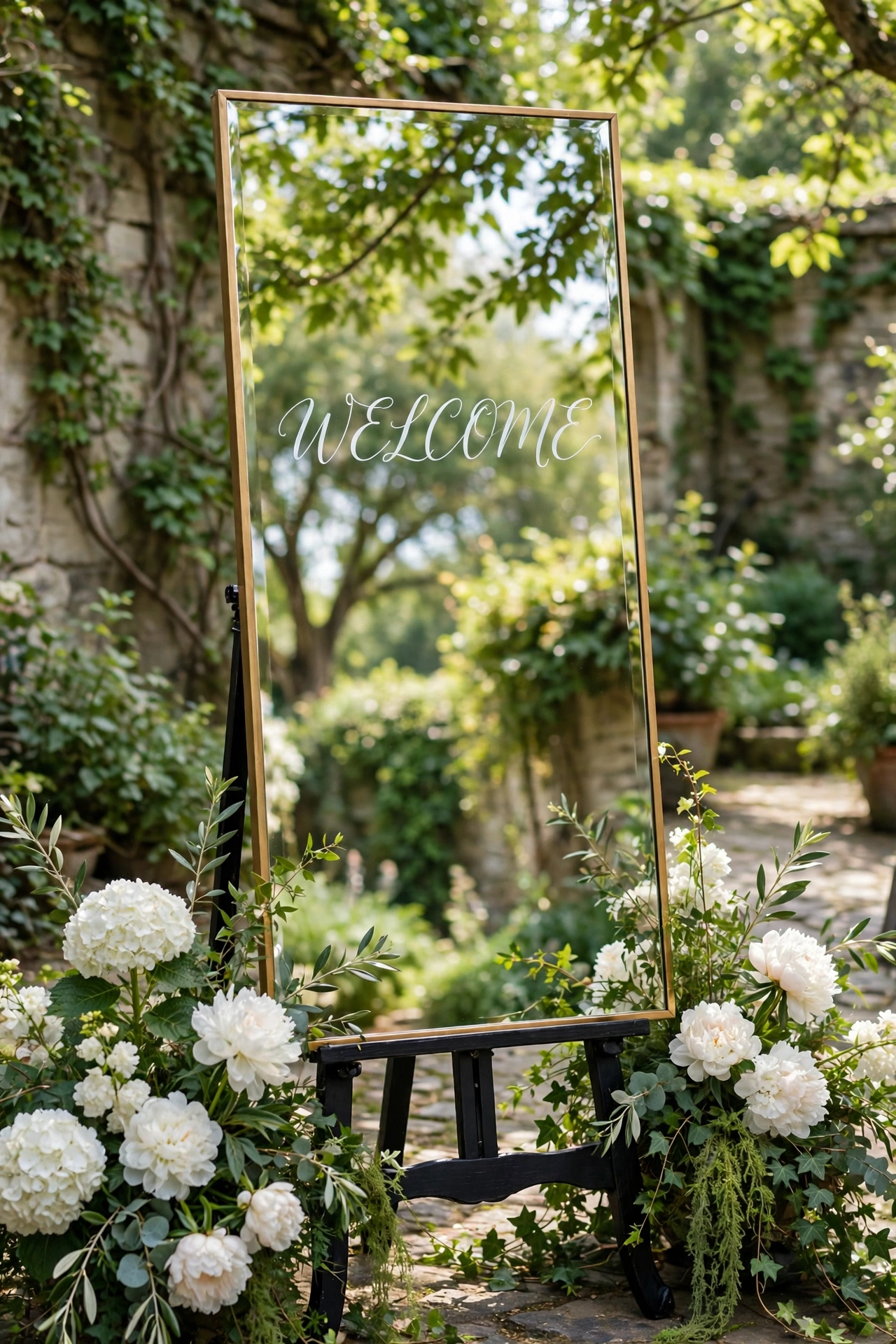 Rectangular brass-frame mirror wedding welcome sign on an easel surrounded by white garden flowers