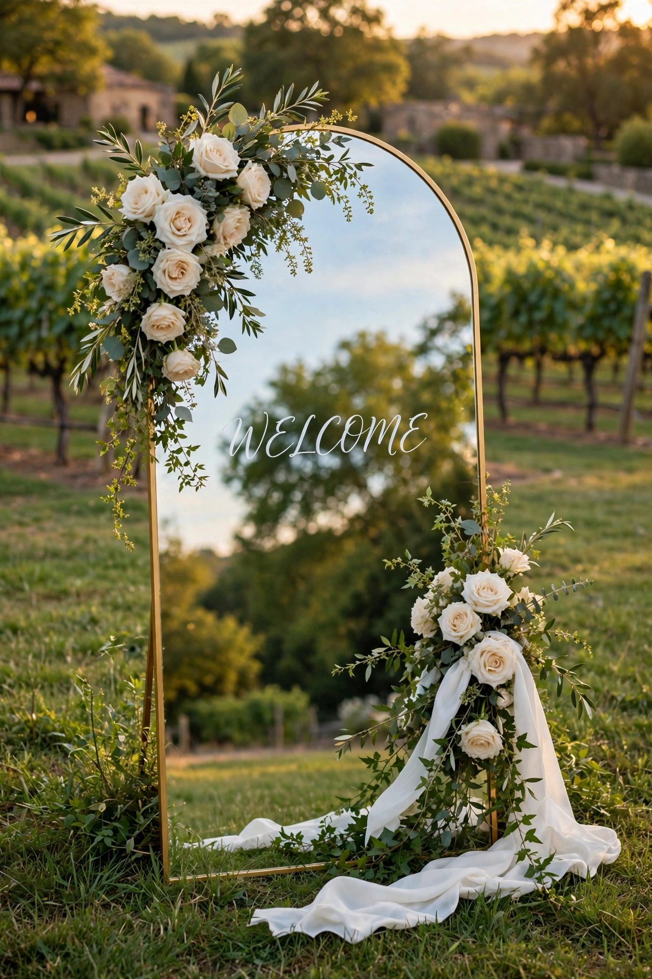 Arched gold-frame mirror wedding welcome sign with ivory roses and greenery on a vineyard lawn