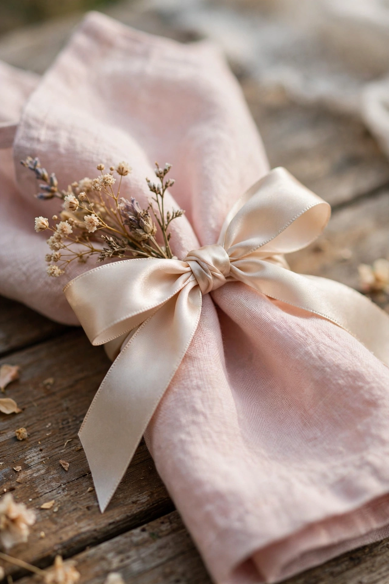 Blush linen napkin tied with champagne silk ribbon