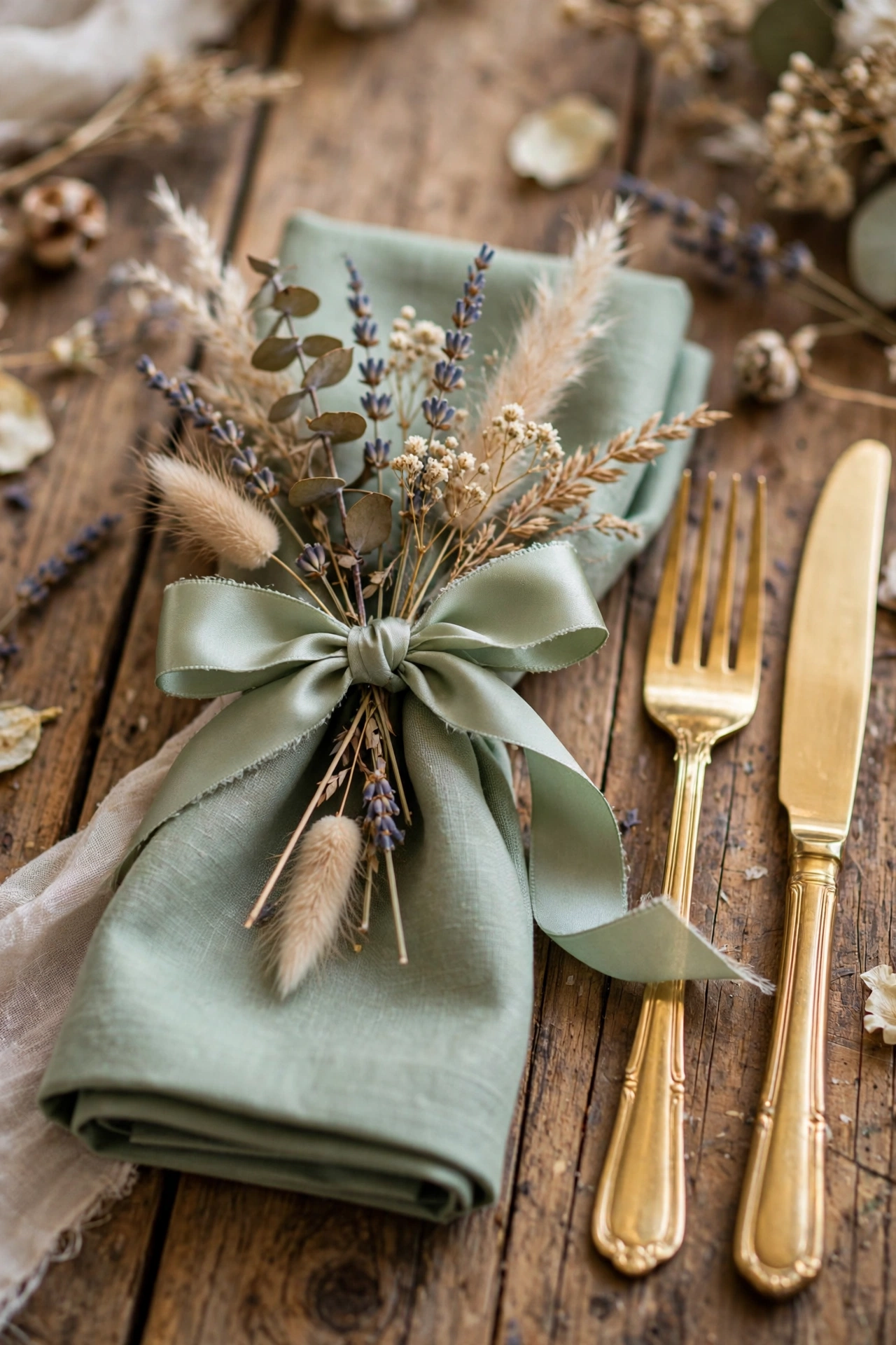 Sage napkins tied with silk ribbons and dried flower sprigs