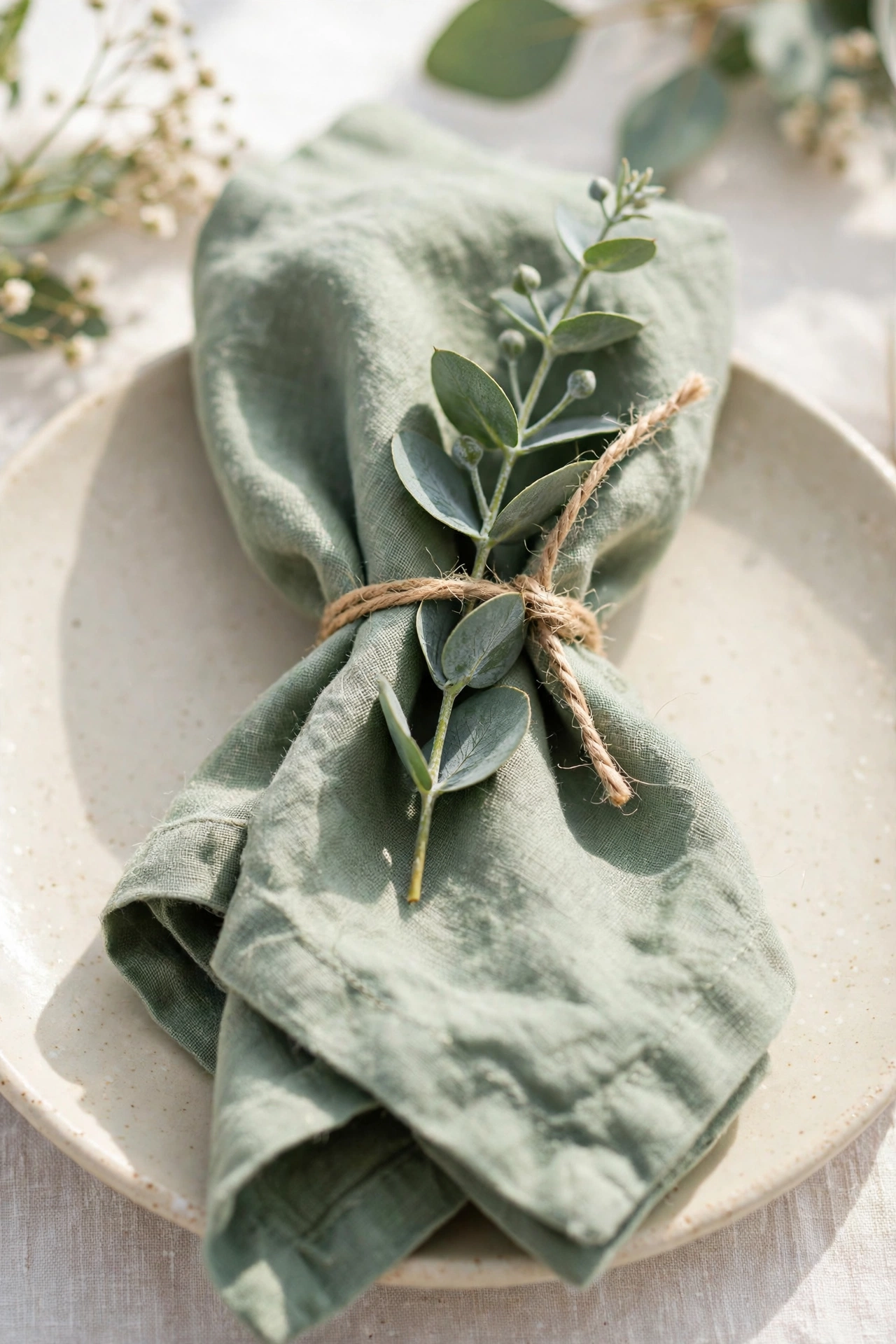 Sage linen napkin with eucalyptus sprig and twine