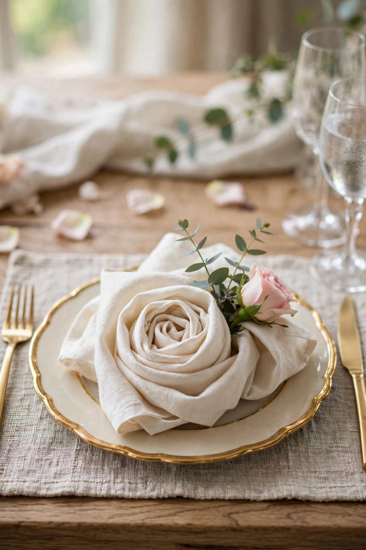 Elegant wedding table with rose-fold linen napkins on gold chargers
