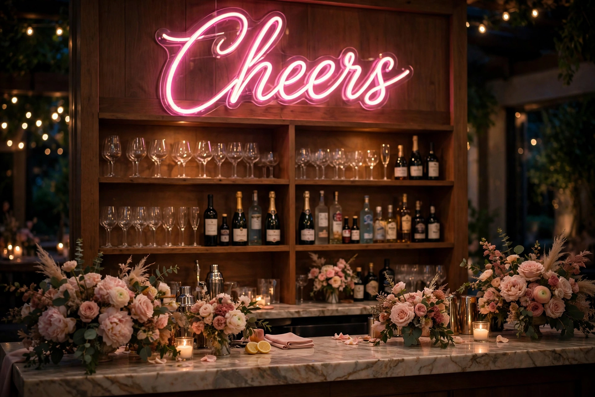 Pink neon Cheers sign glowing above a wedding bar