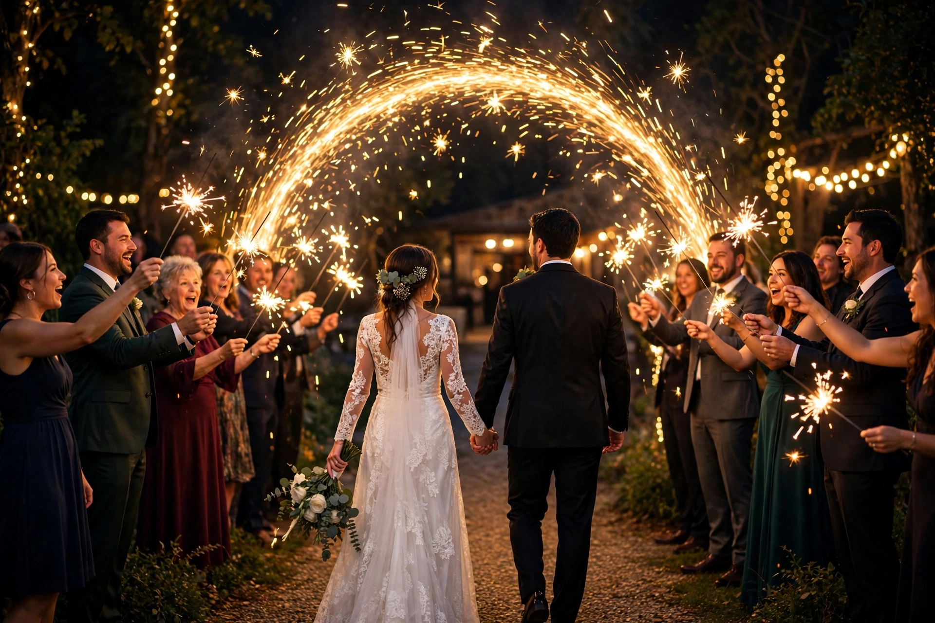 Bride and groom walking through a tunnel of golden sparklers at night during their wedding send-off