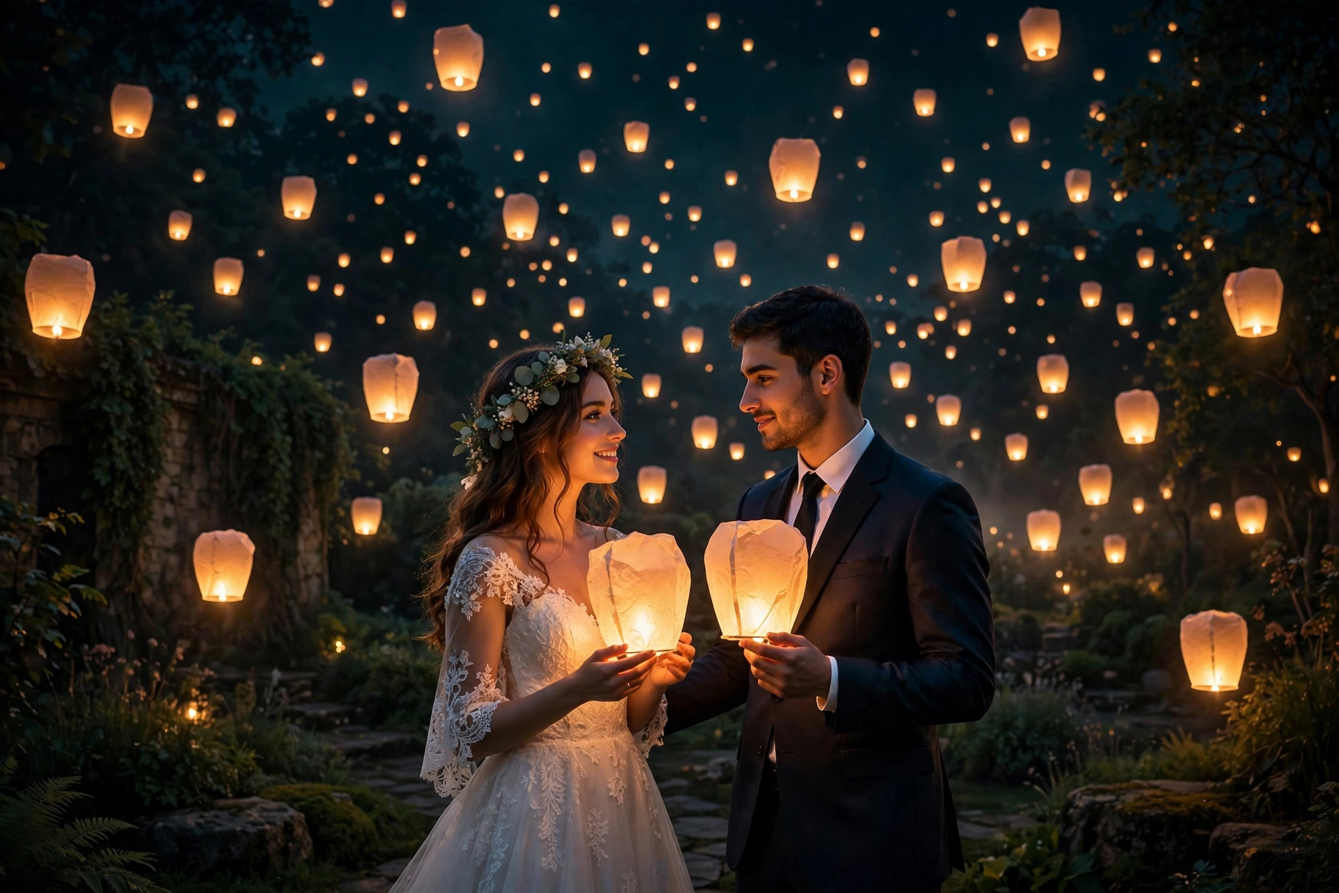 Wedding couple holding glowing paper lanterns at night in a dark garden with warm lantern light
