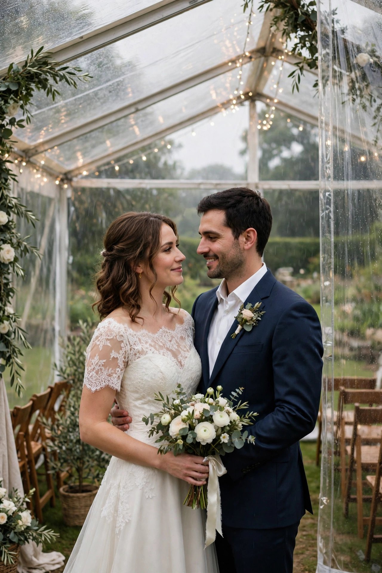 Elegant clear tent set up as a rain backup plan at an outdoor wedding