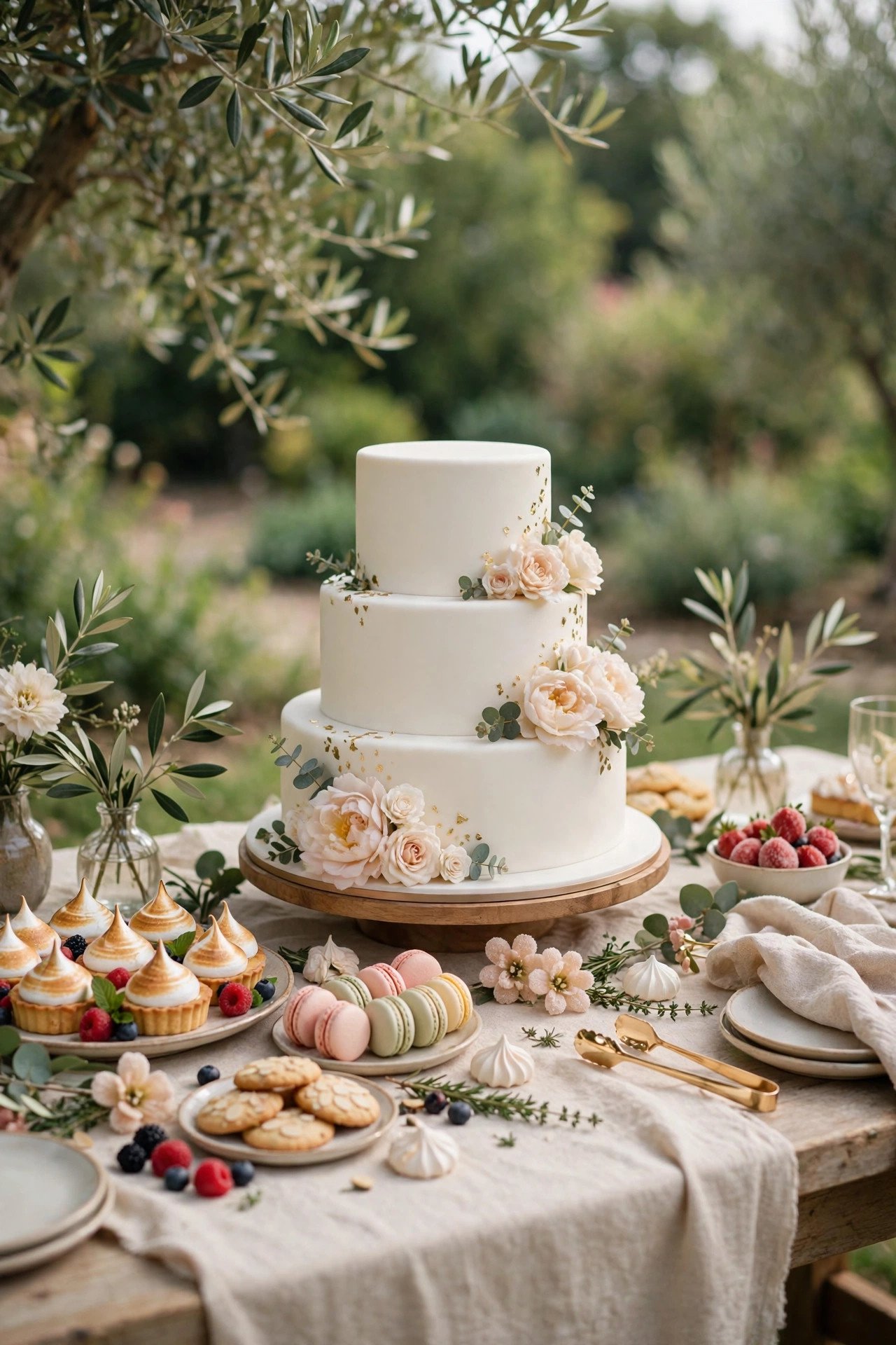 Outdoor summer wedding dessert table with a heat-proof fondant cake
