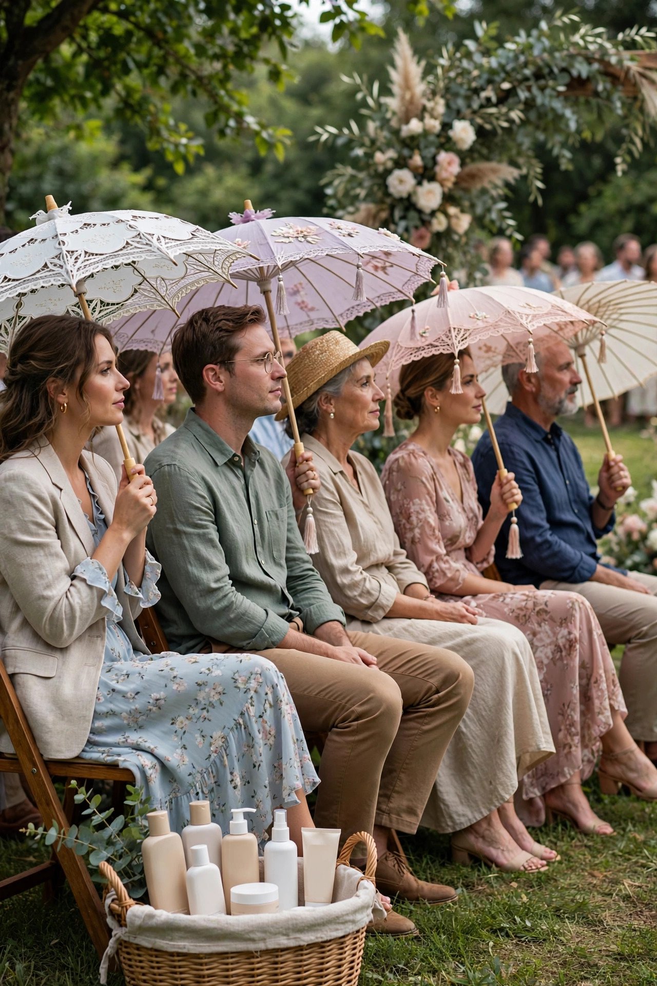 Outdoor wedding guests shaded with parasols, sunscreen basket nearby