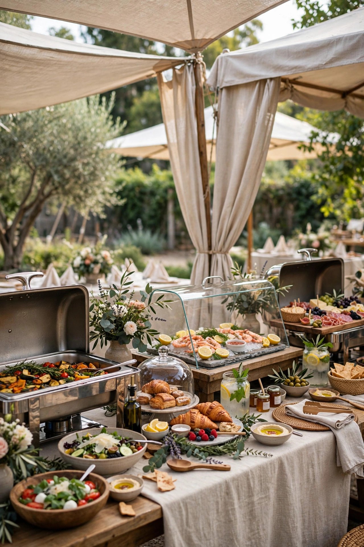 Outdoor wedding buffet with covered food stations