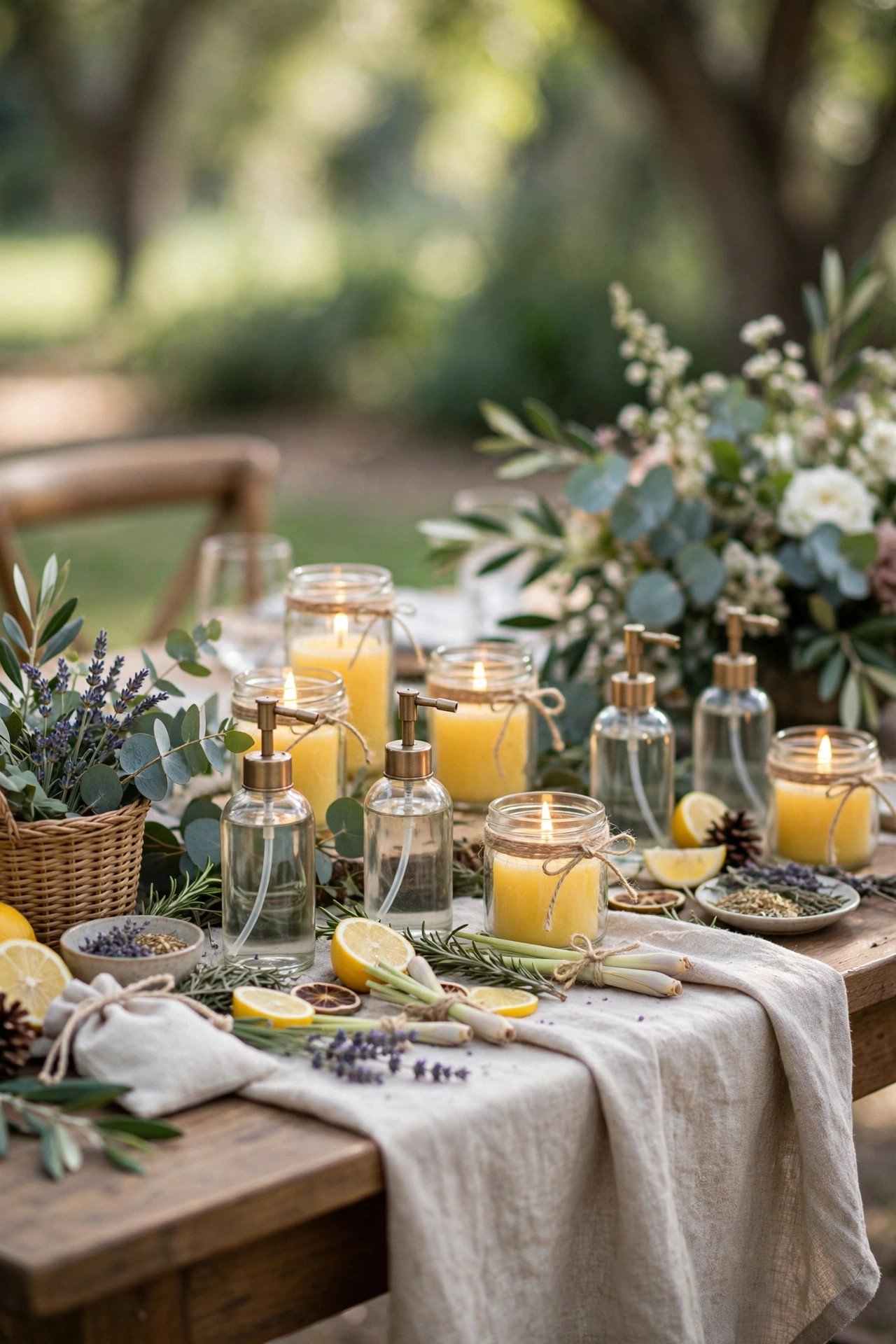 Citronella candles and bug repellent station at an outdoor wedding