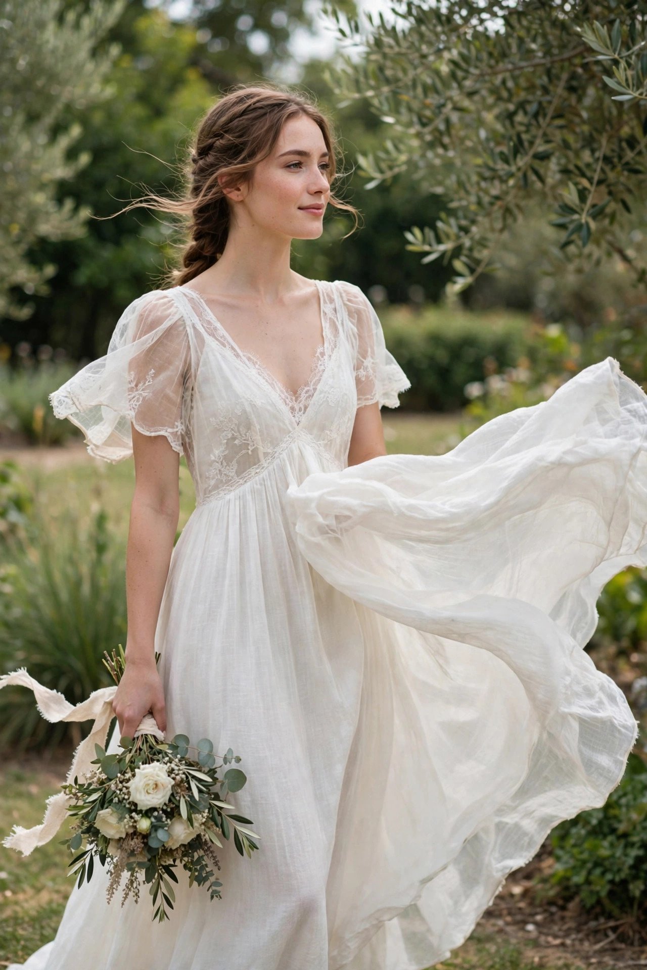Bride in a lightweight breezy summer wedding dress outdoors
