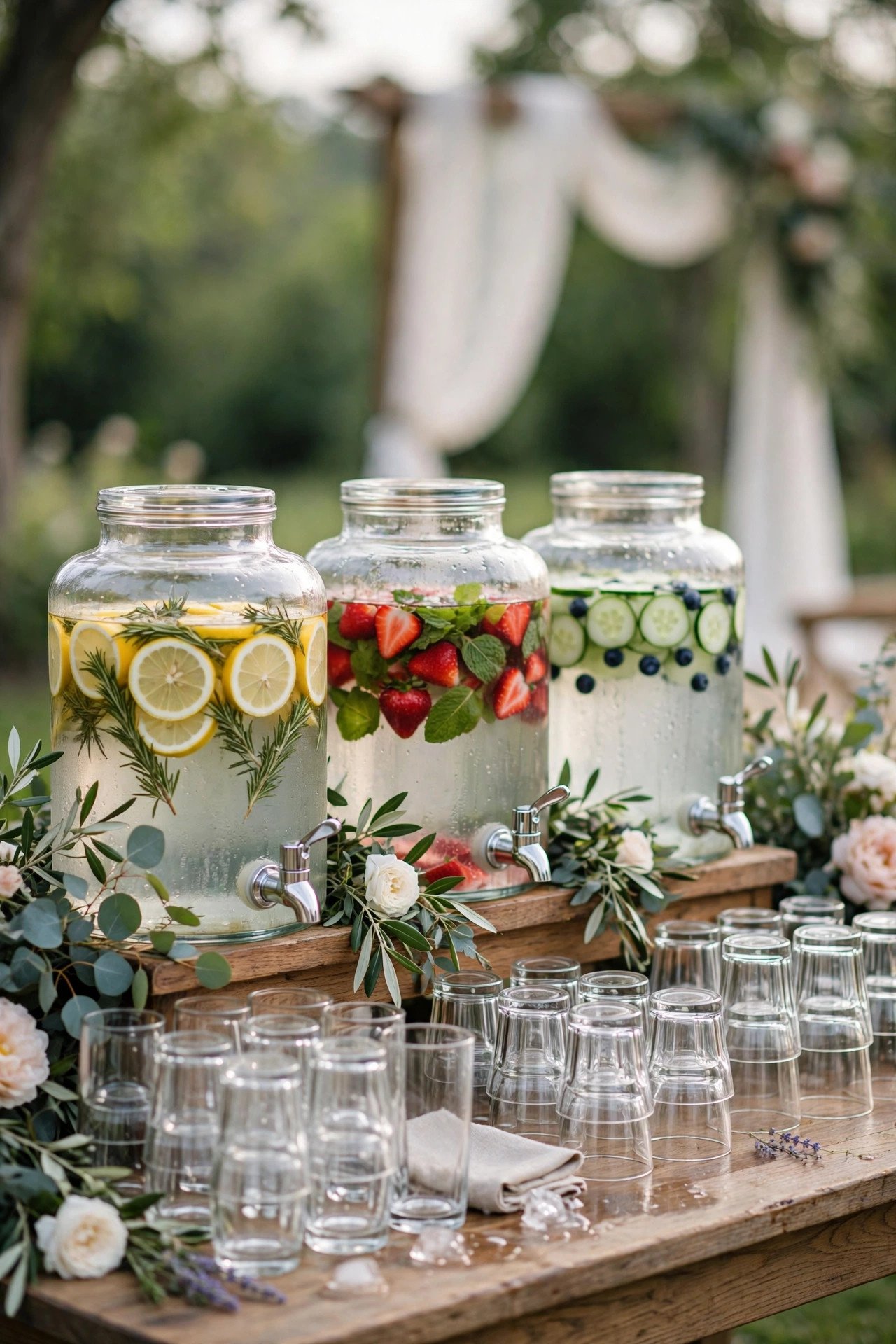 Hydration station with infused water dispensers at an outdoor wedding