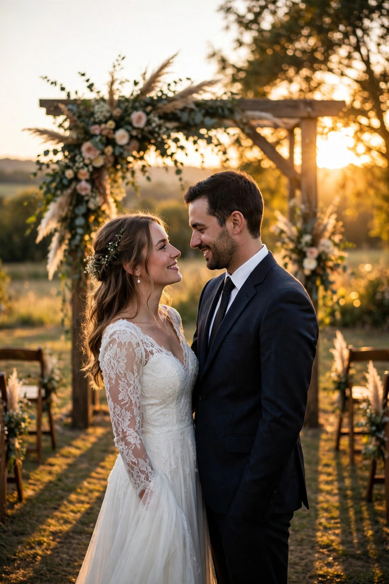 Outdoor wedding ceremony at sunset golden hour