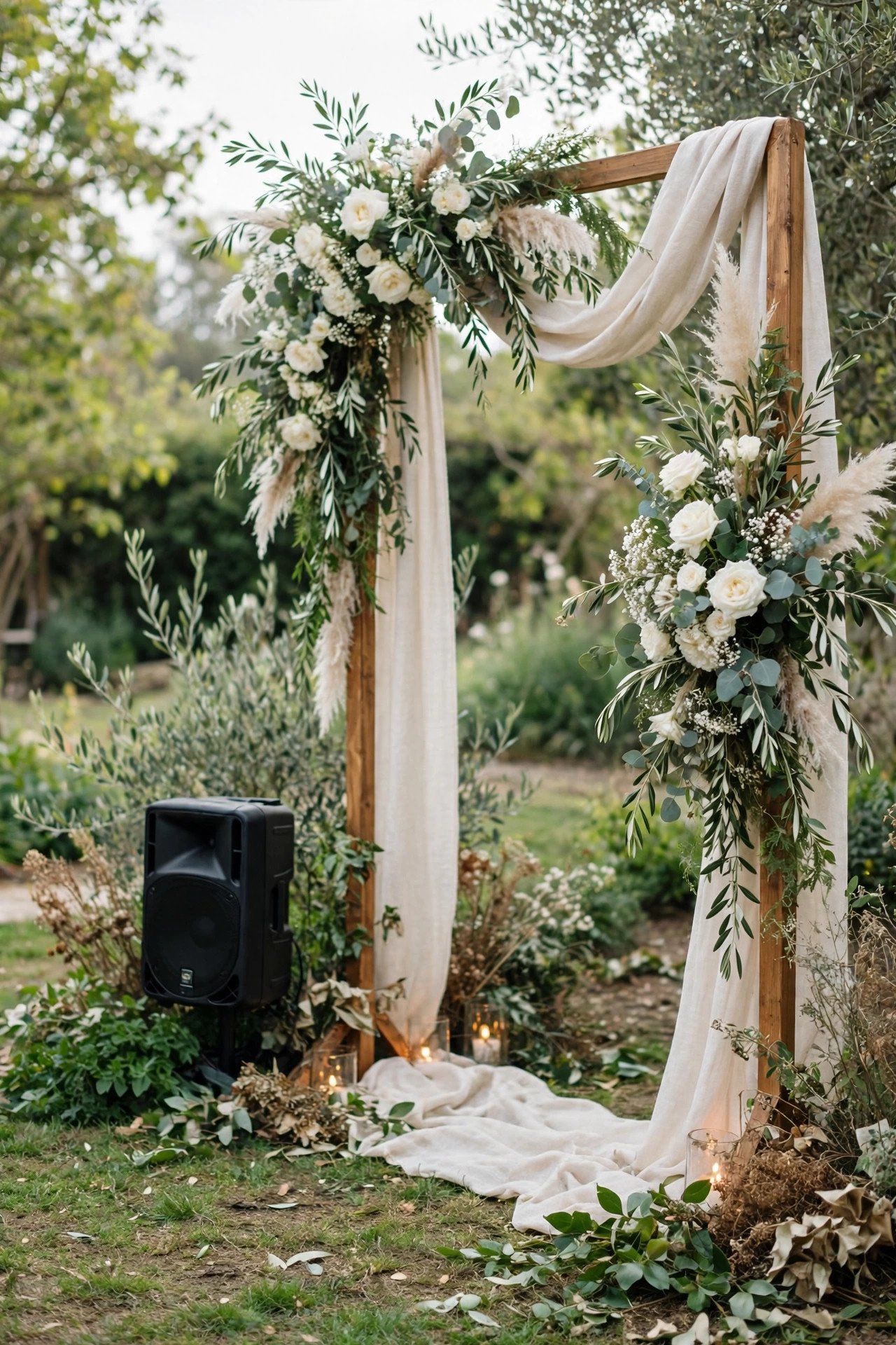 Professional speaker discreetly placed at an outdoor wedding ceremony