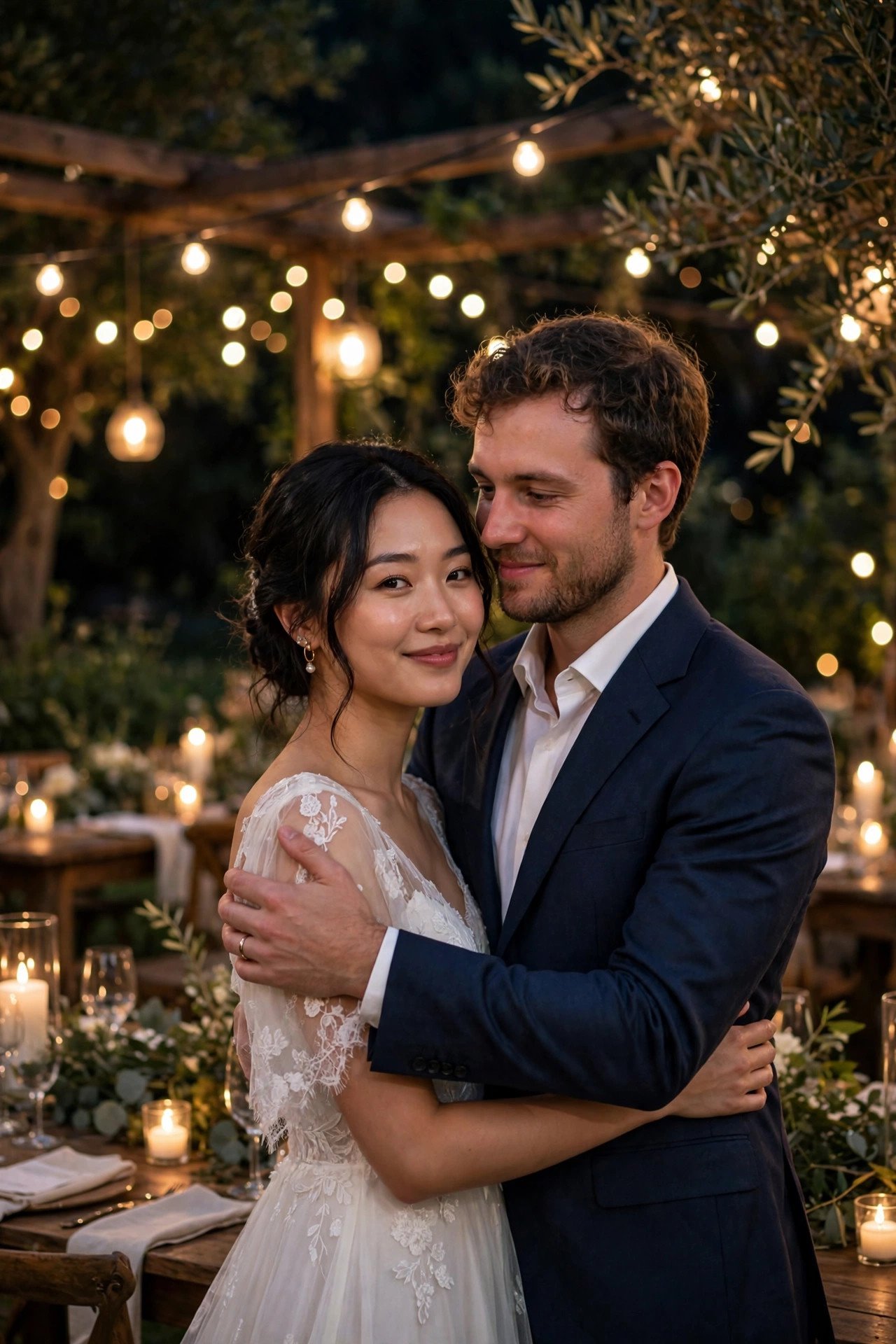 Outdoor wedding reception after dark glowing with string lights