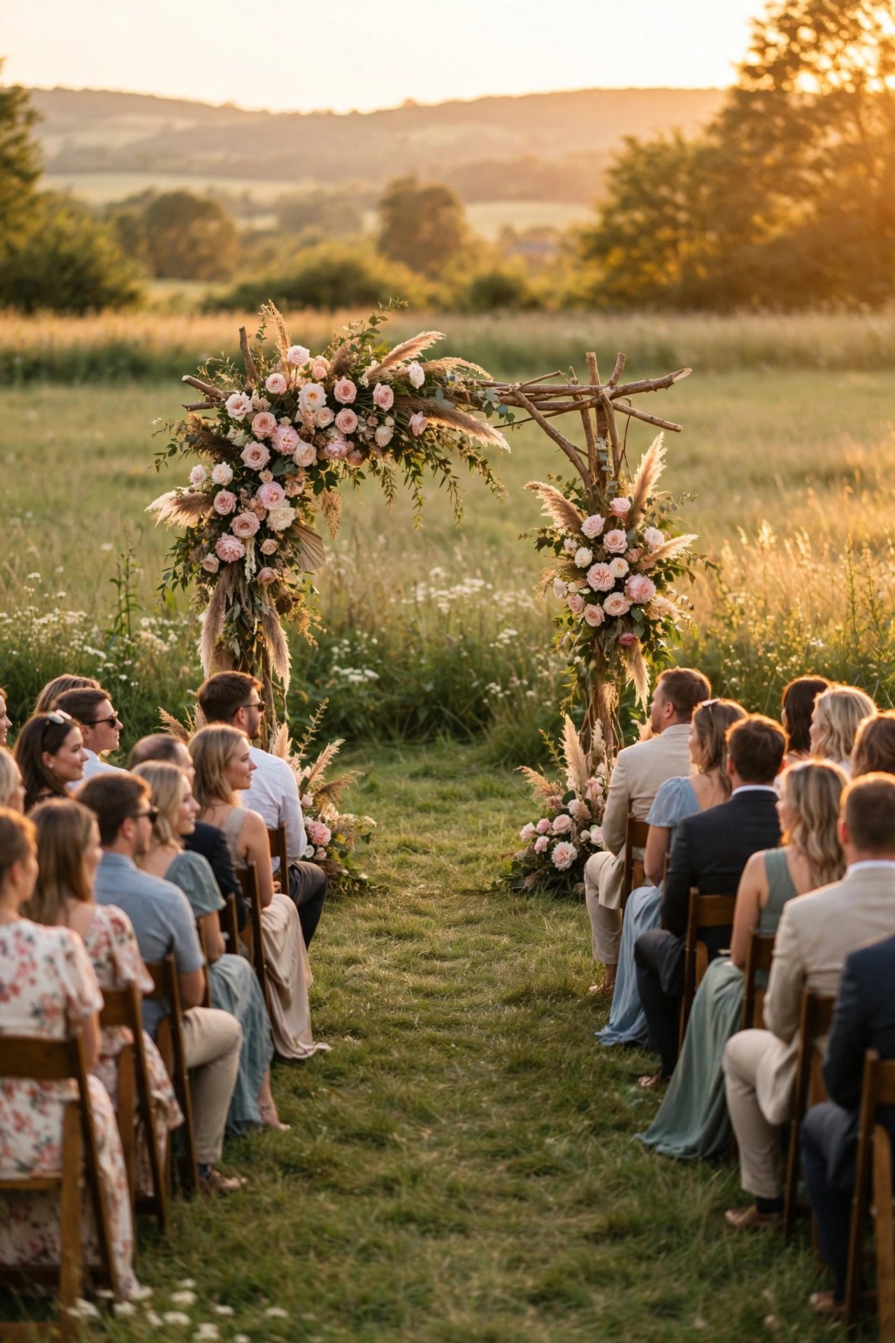 Beautiful outdoor wedding ceremony at golden hour with a floral arch