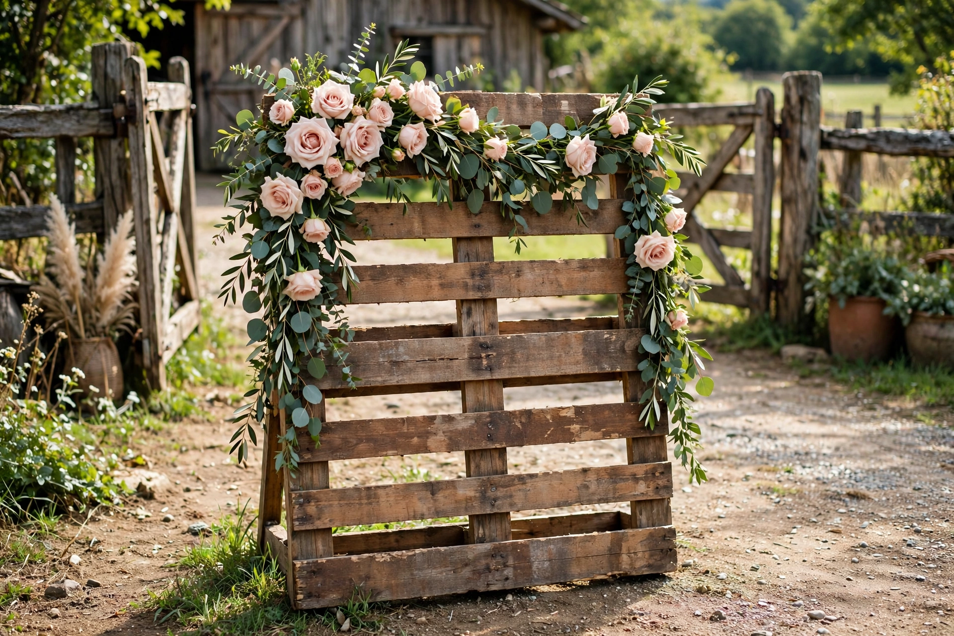 Wooden pallet wedding welcome sign decorated with blush roses and eucalyptus