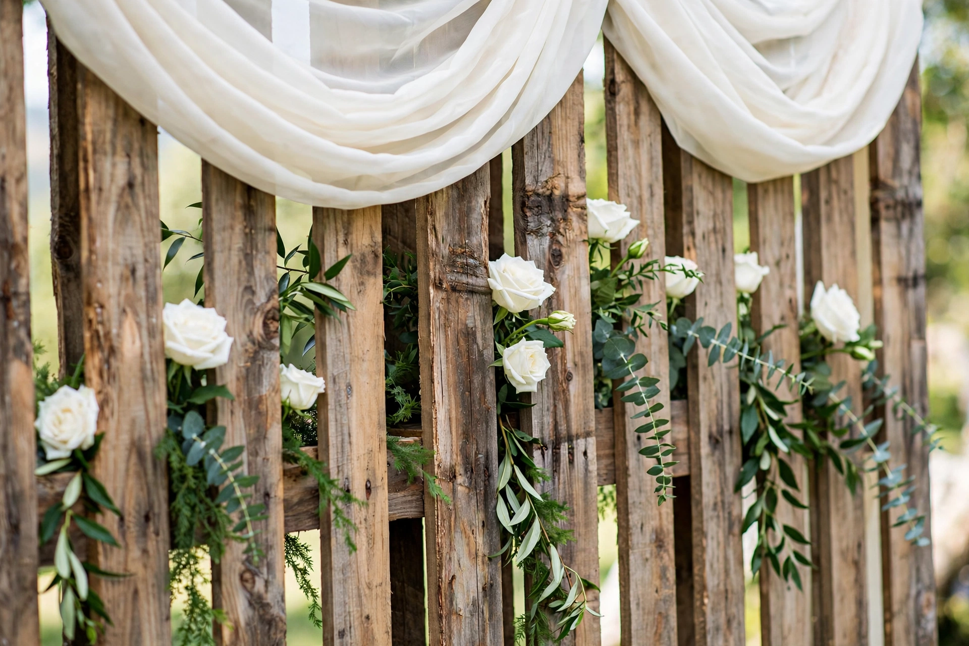 Wooden pallet ceremony backdrop with draped ivory fabric, white florals and greenery at an outdoor wedding