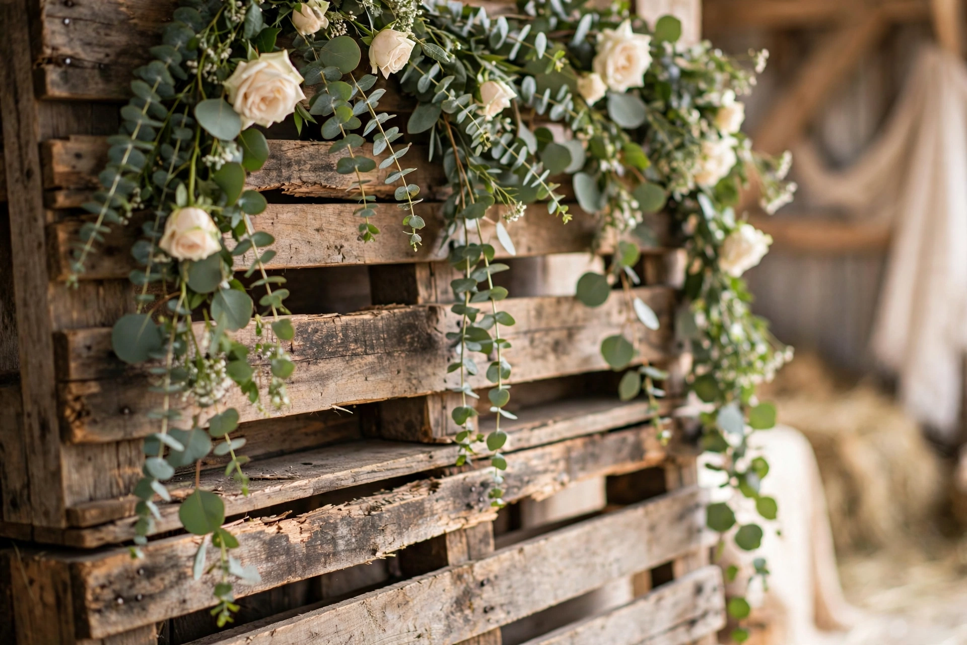 Close-up of a wedding photo backdrop made of stacked wooden pallets decorated with eucalyptus and cream roses