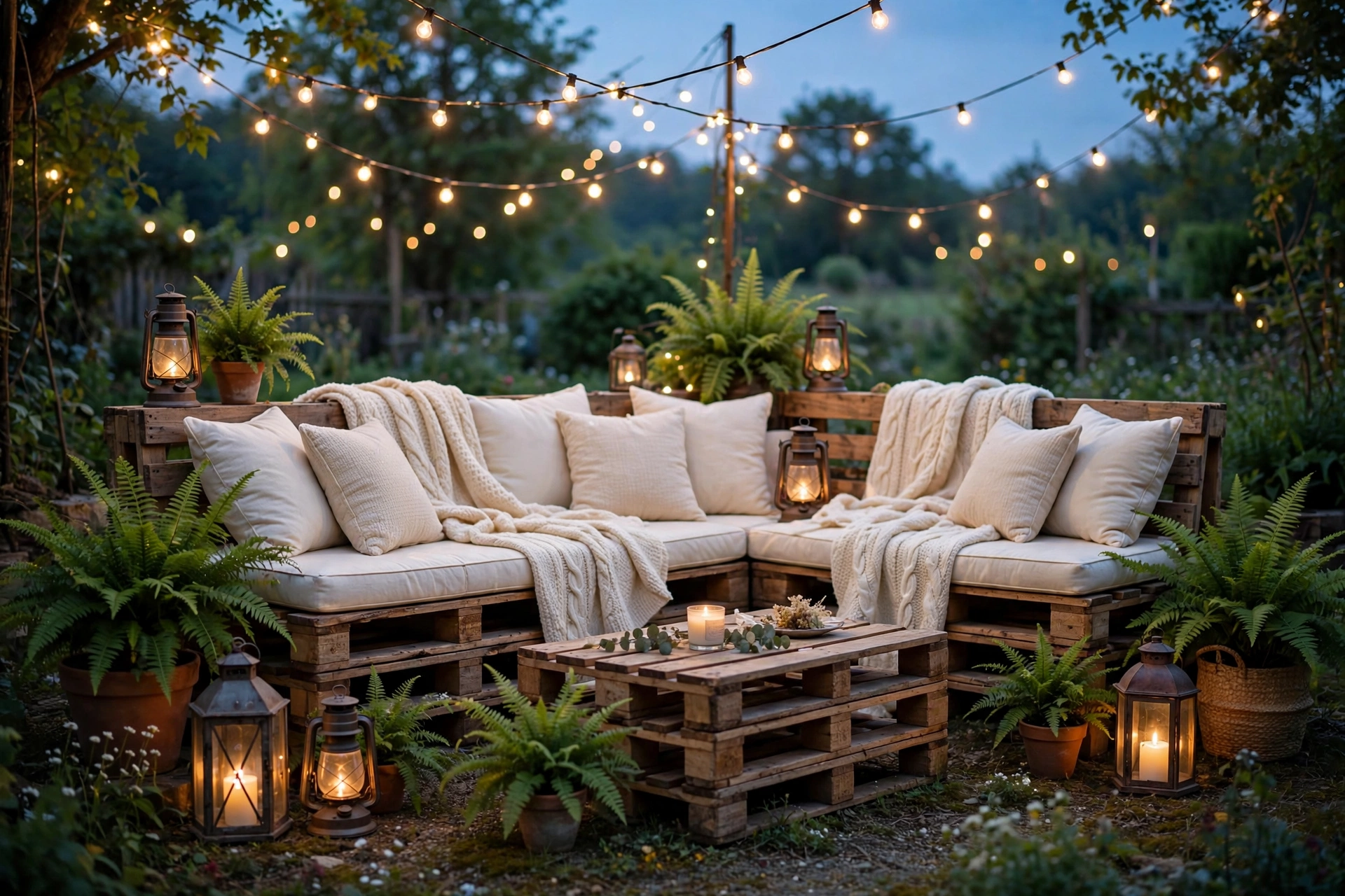Cozy outdoor wedding lounge built from wooden pallet sofas with cream cushions and lanterns at dusk